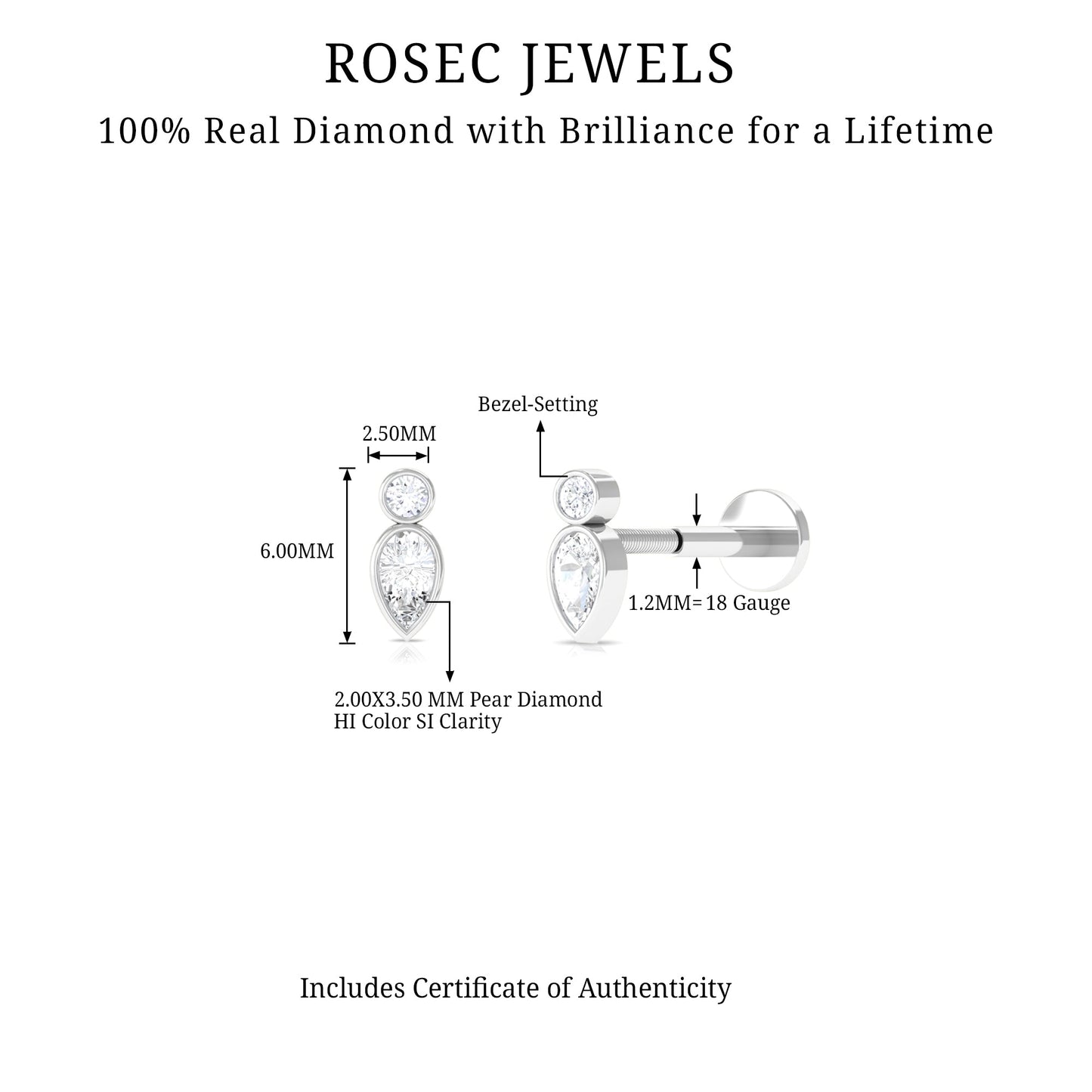 Minimal Pear Diamond Tragus Earring in Bezel Setting