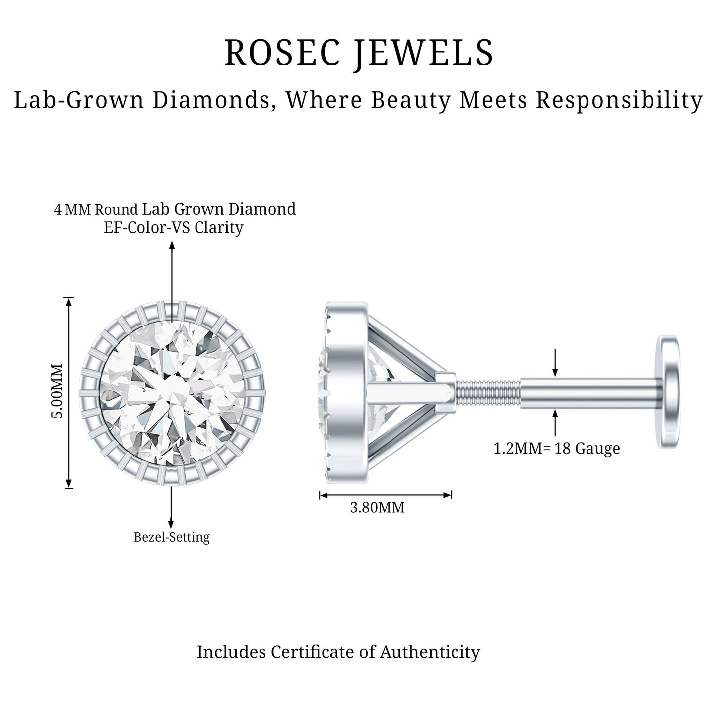 Bezel Set Diamond Solitaire Stud Earring for Helix Piercing