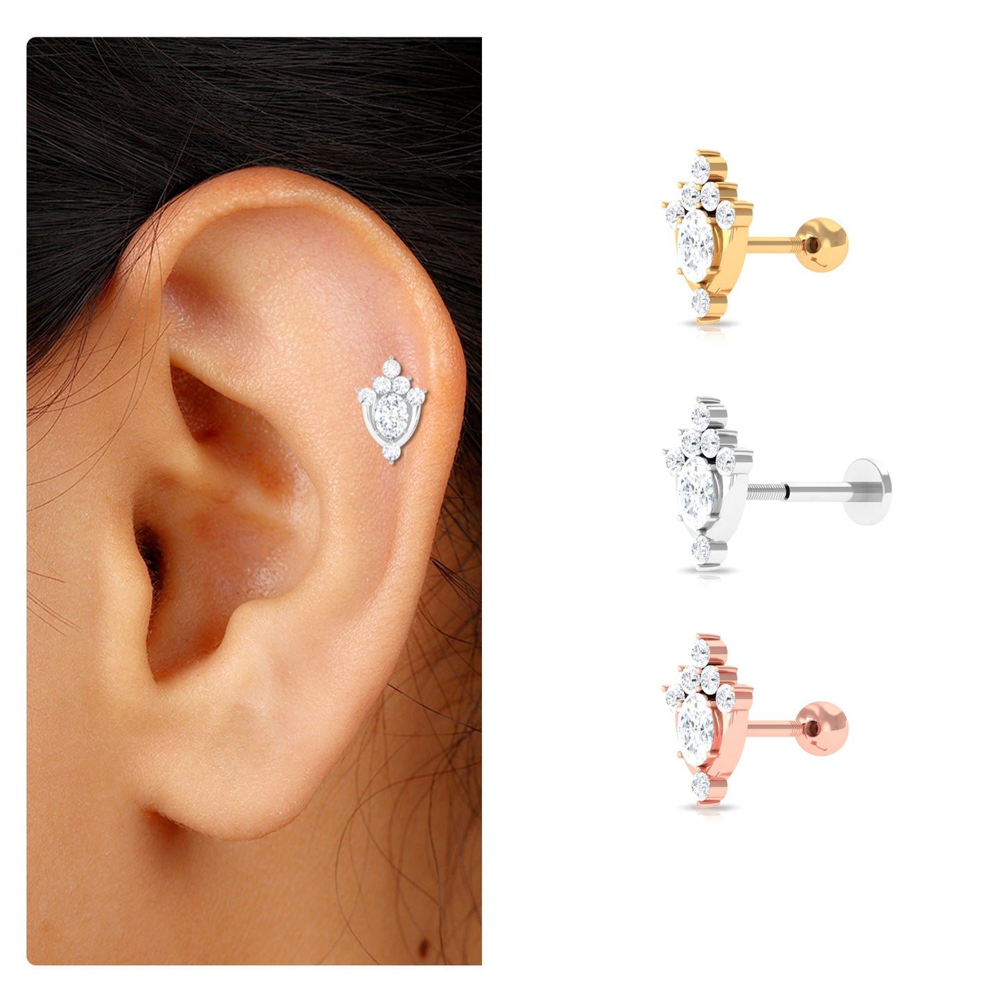 Diamond Floral Cluster Earring for Upper Lobe Piercing
