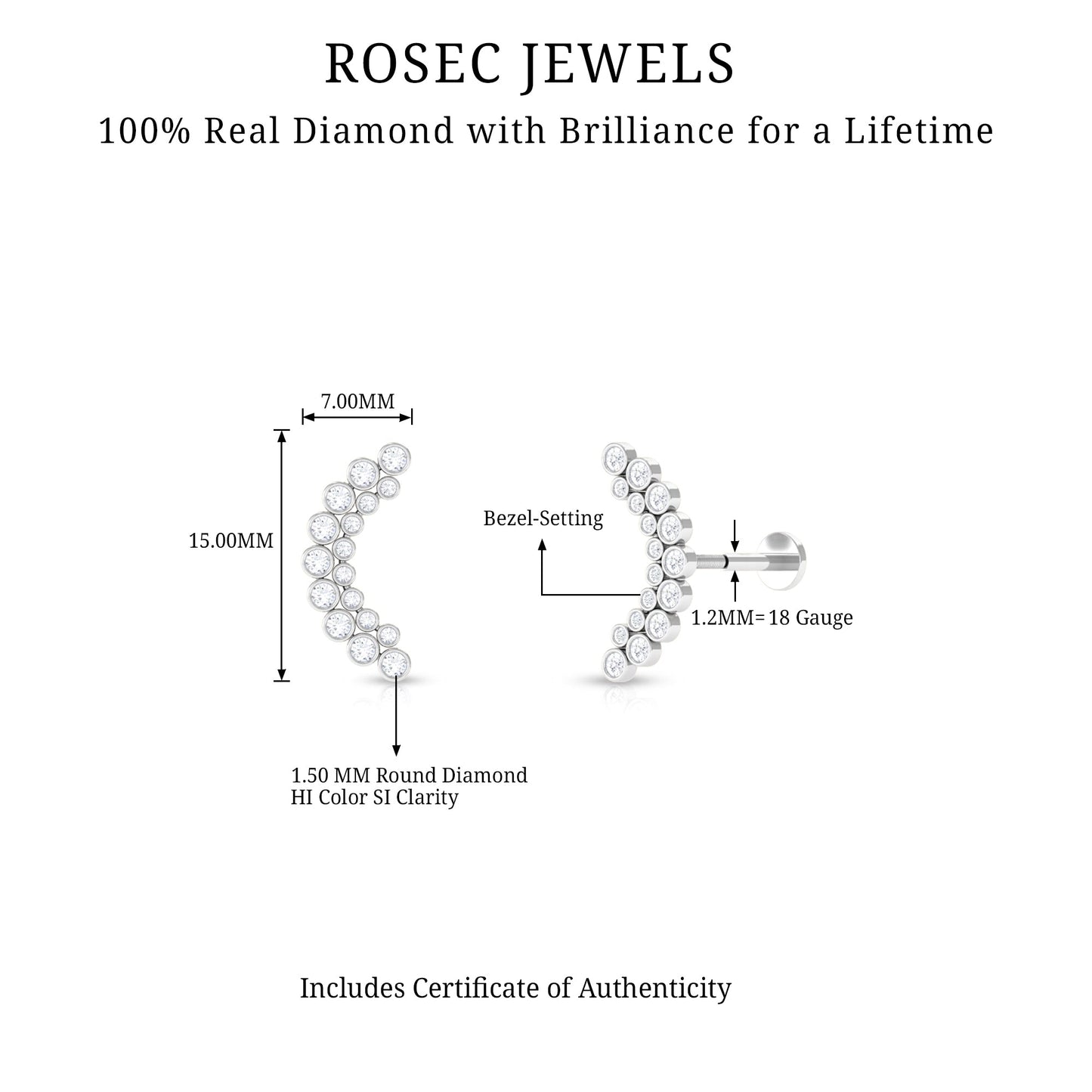 Bezel Set Diamond Ear Crawler Earring with Flat Back