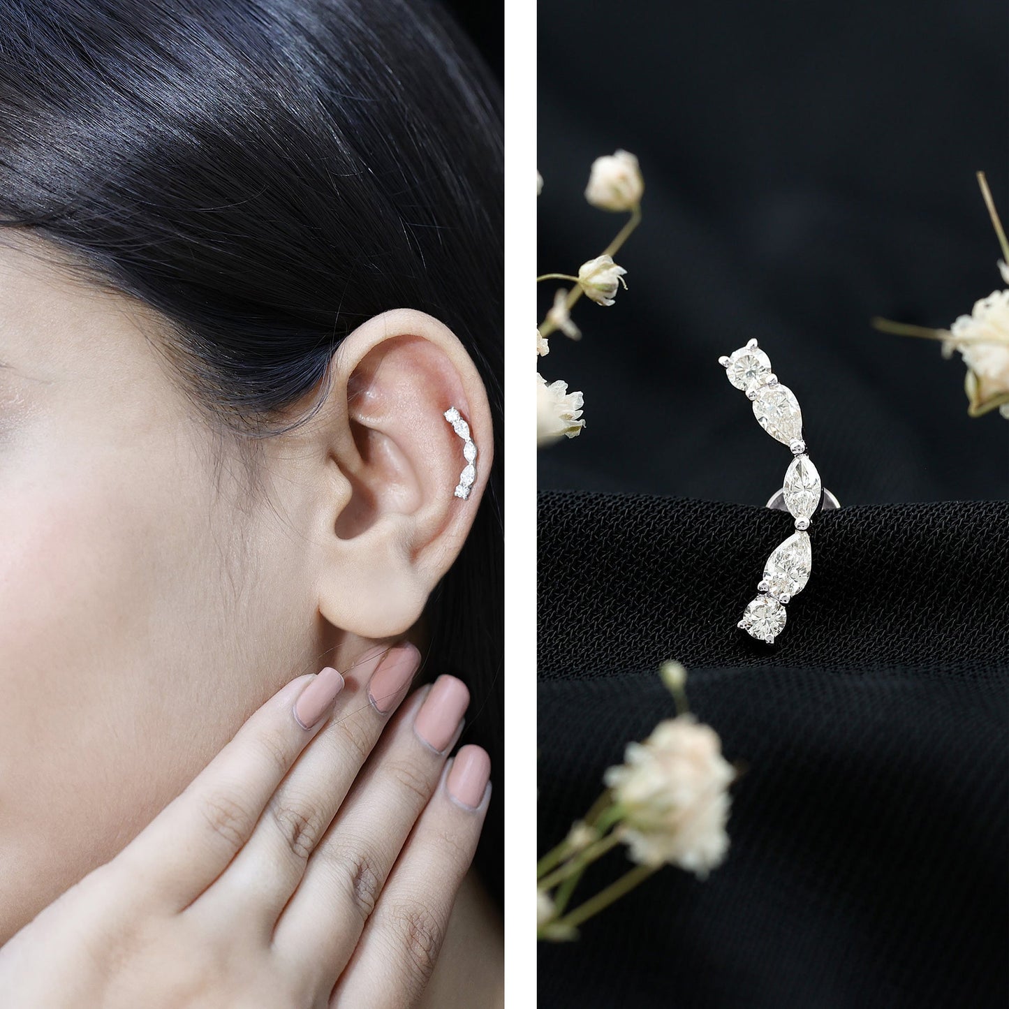 Pear Diamond Ear Crawler Earring for Helix Piercing