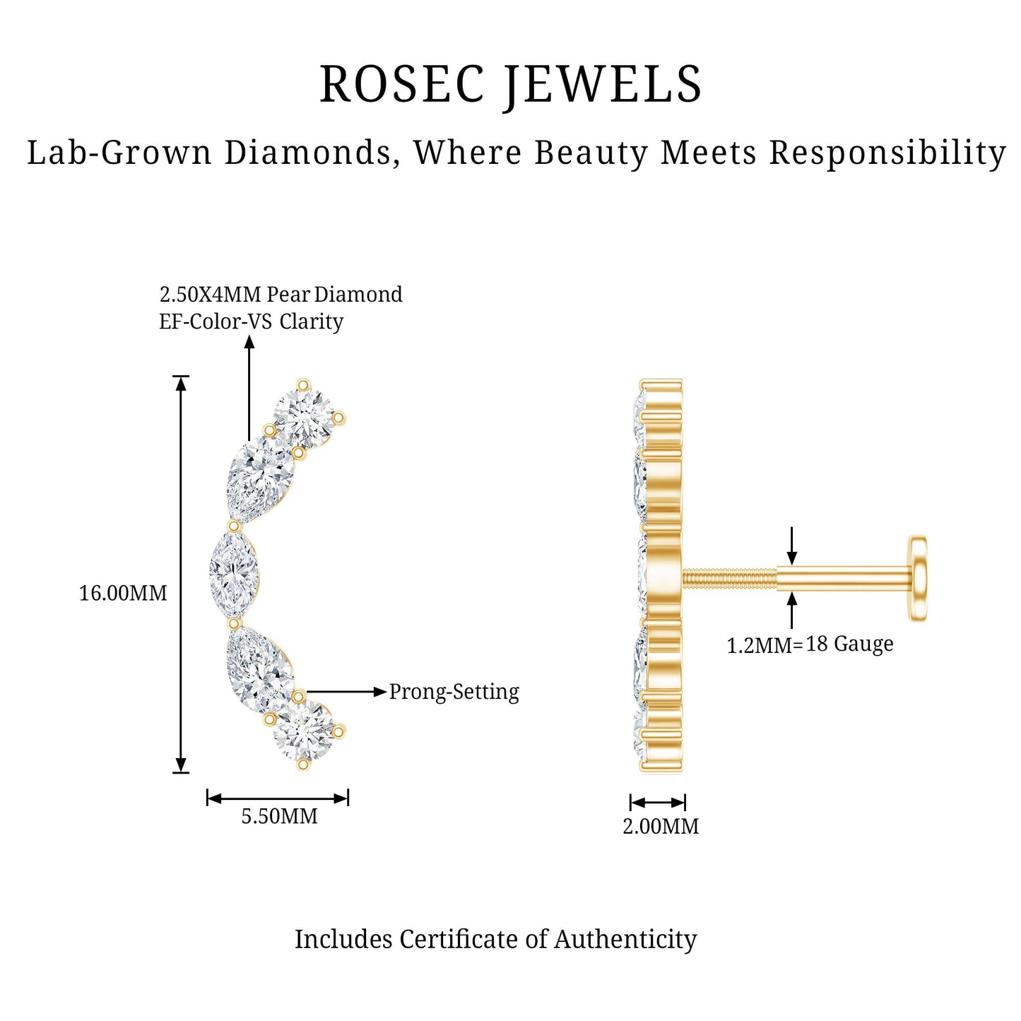 Pear Diamond Ear Crawler Earring for Helix Piercing