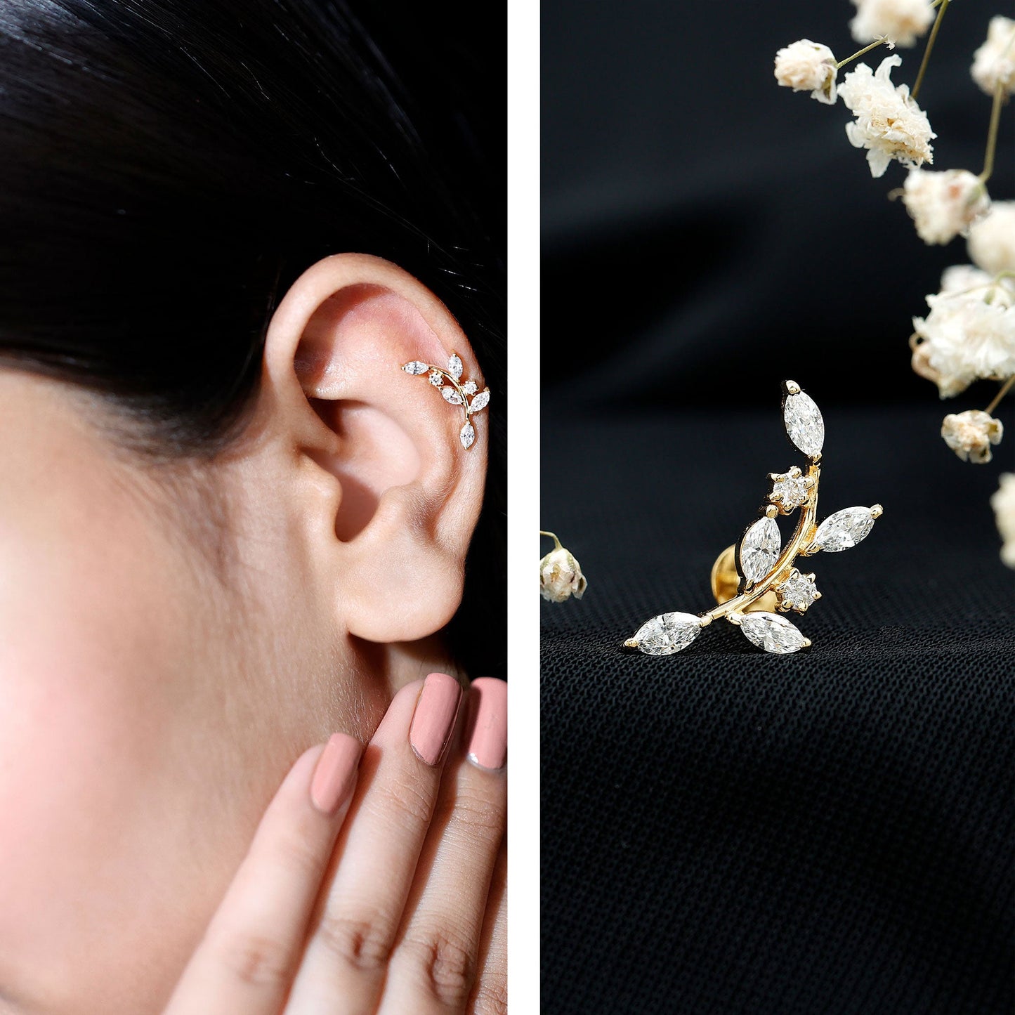 Womens Marquise Diamond Leaf Crawler Earring