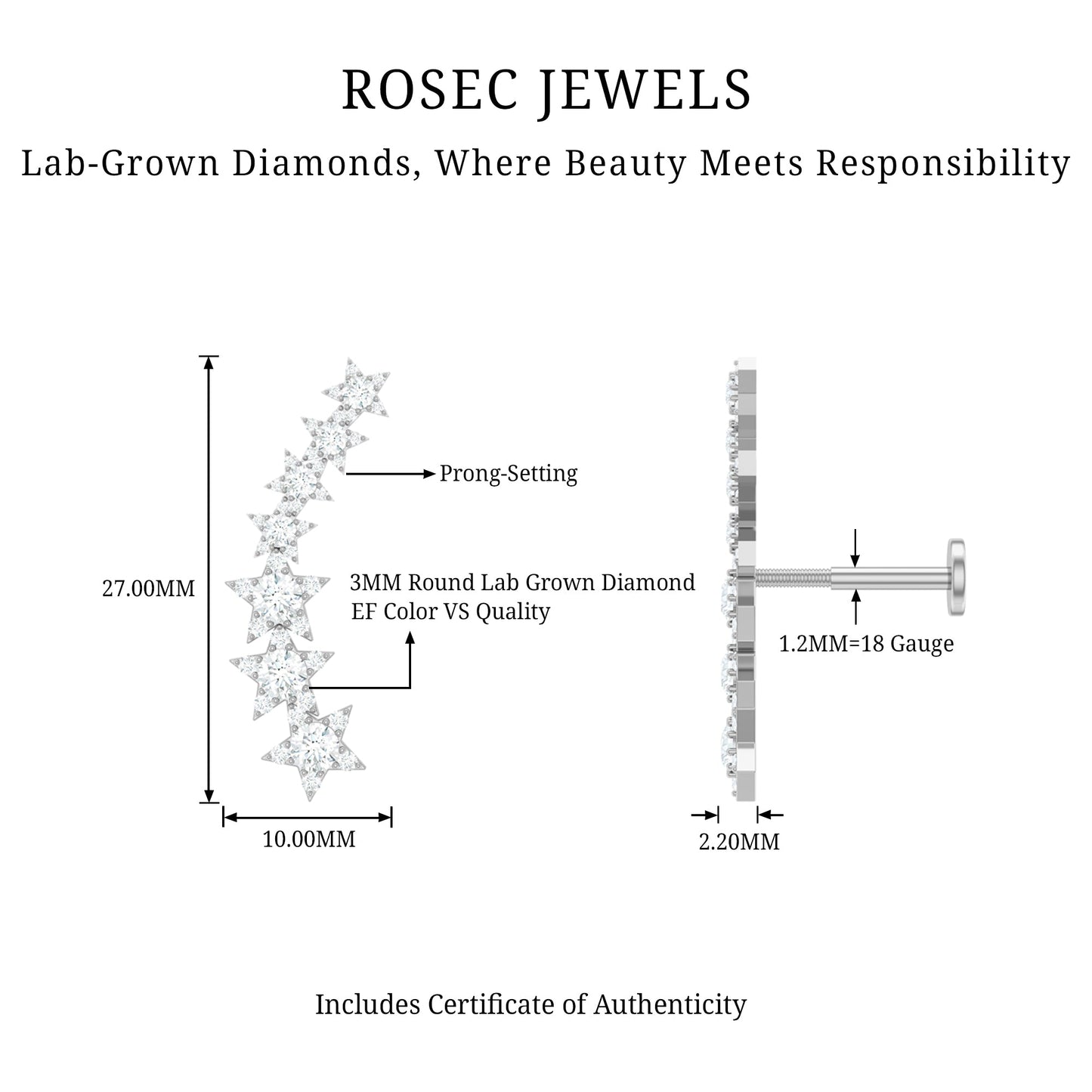 Graduated Diamond Star Crawler Earring for Helix Piercing