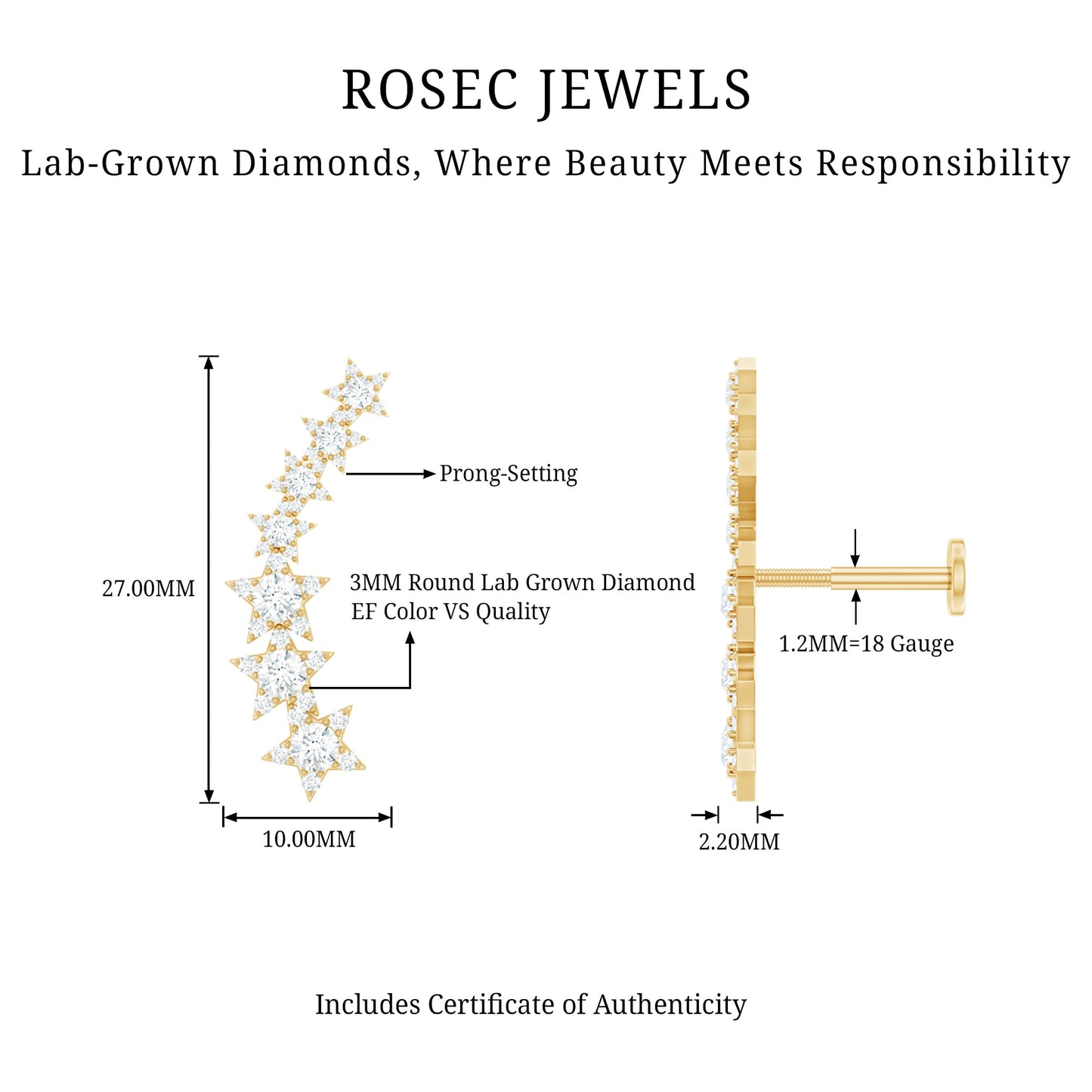 Graduated Diamond Star Crawler Earring for Helix Piercing