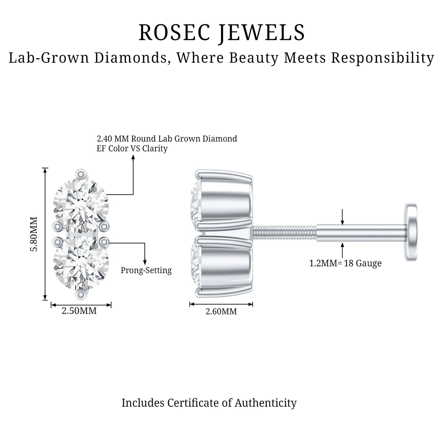 Natural Diamond 2 Stone Earring for Tragus Piercing