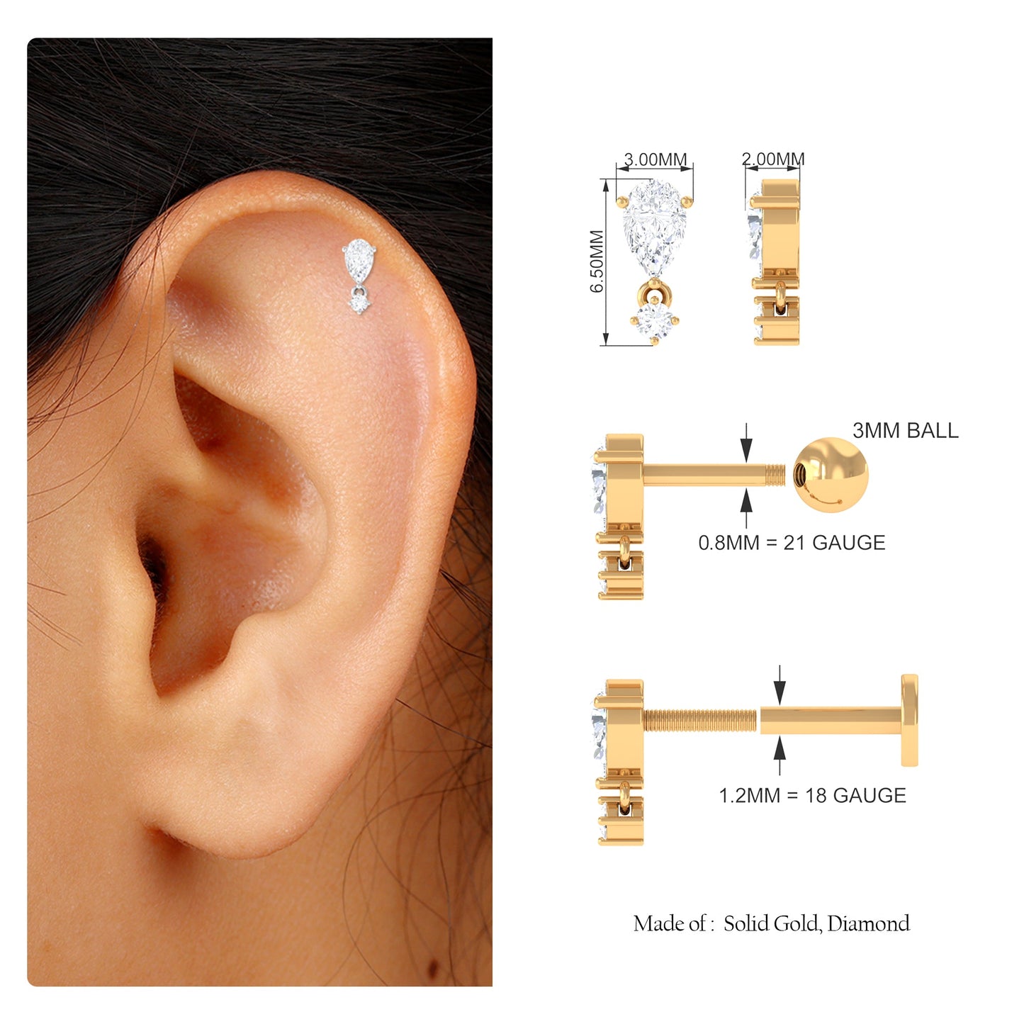 Pear Diamond Drop Earring for Helix Piercing
