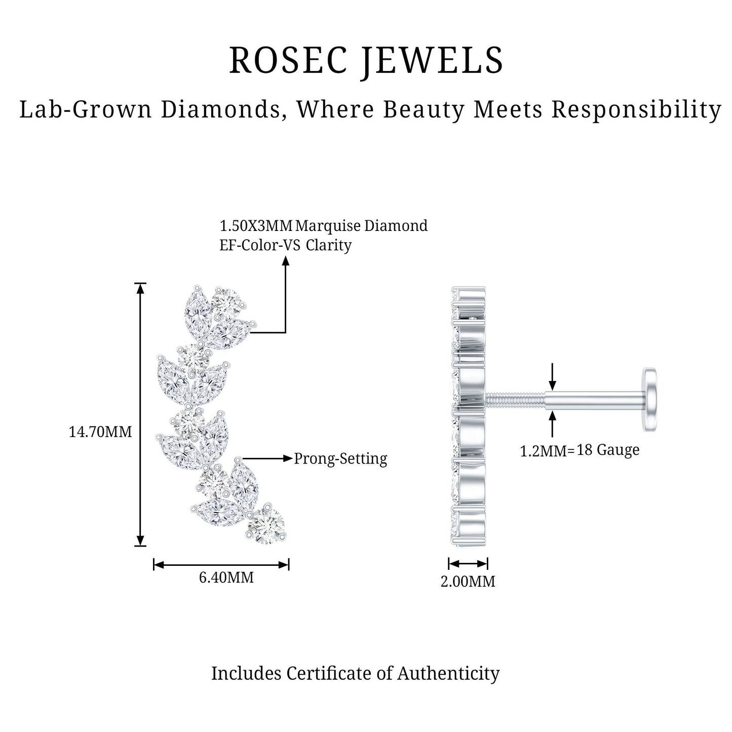 Nature Inspired Diamond Leaf Crawler Helix Earring