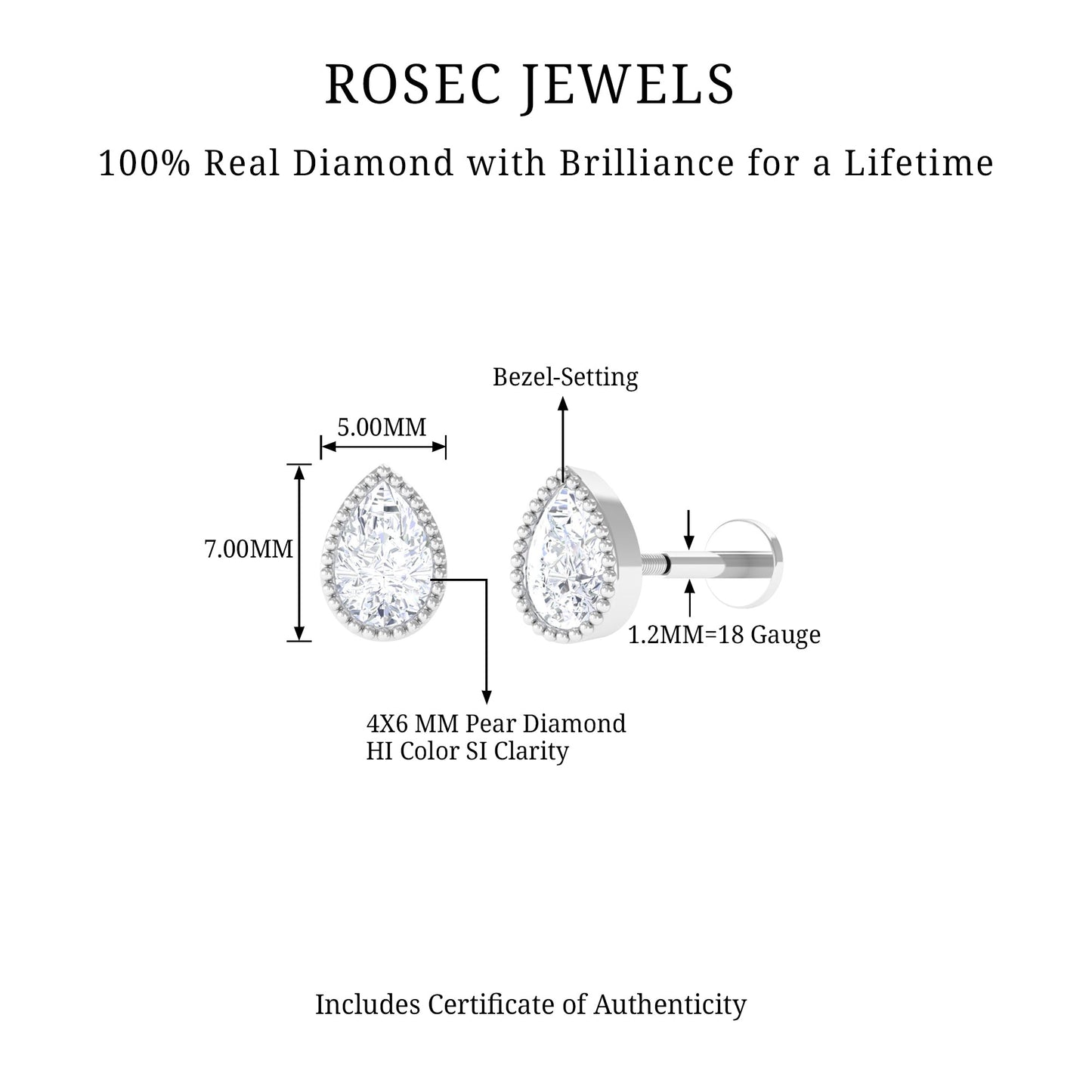Solitaire Diamond Teardrop Stud Earring for Helix Piercing