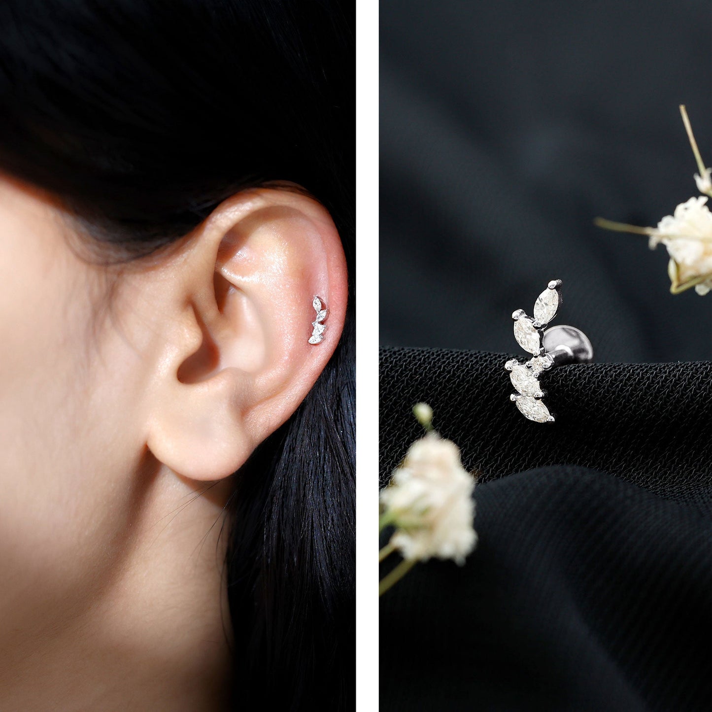 Marquise Shape Diamond Leaf Crawler Helix Earring