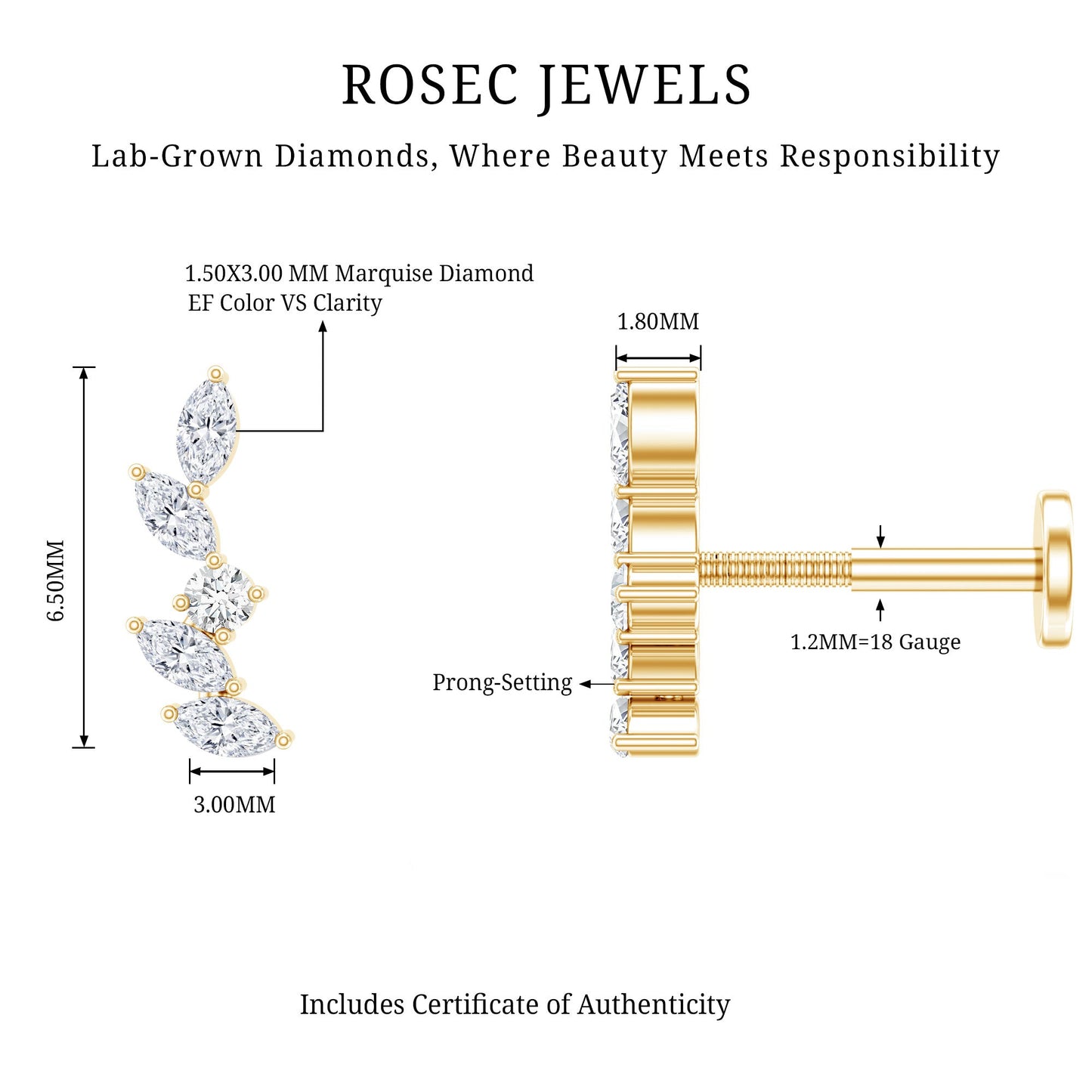 Marquise Shape Diamond Leaf Crawler Helix Earring