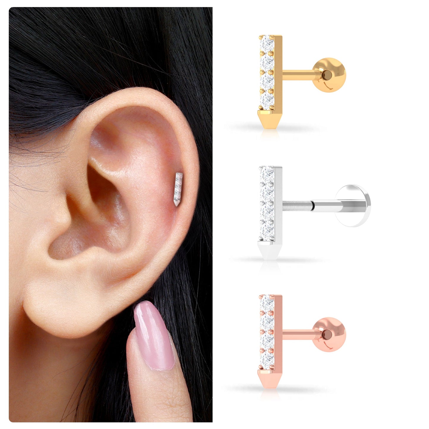 Natural Diamond Tiny Bar Tragus Earring
