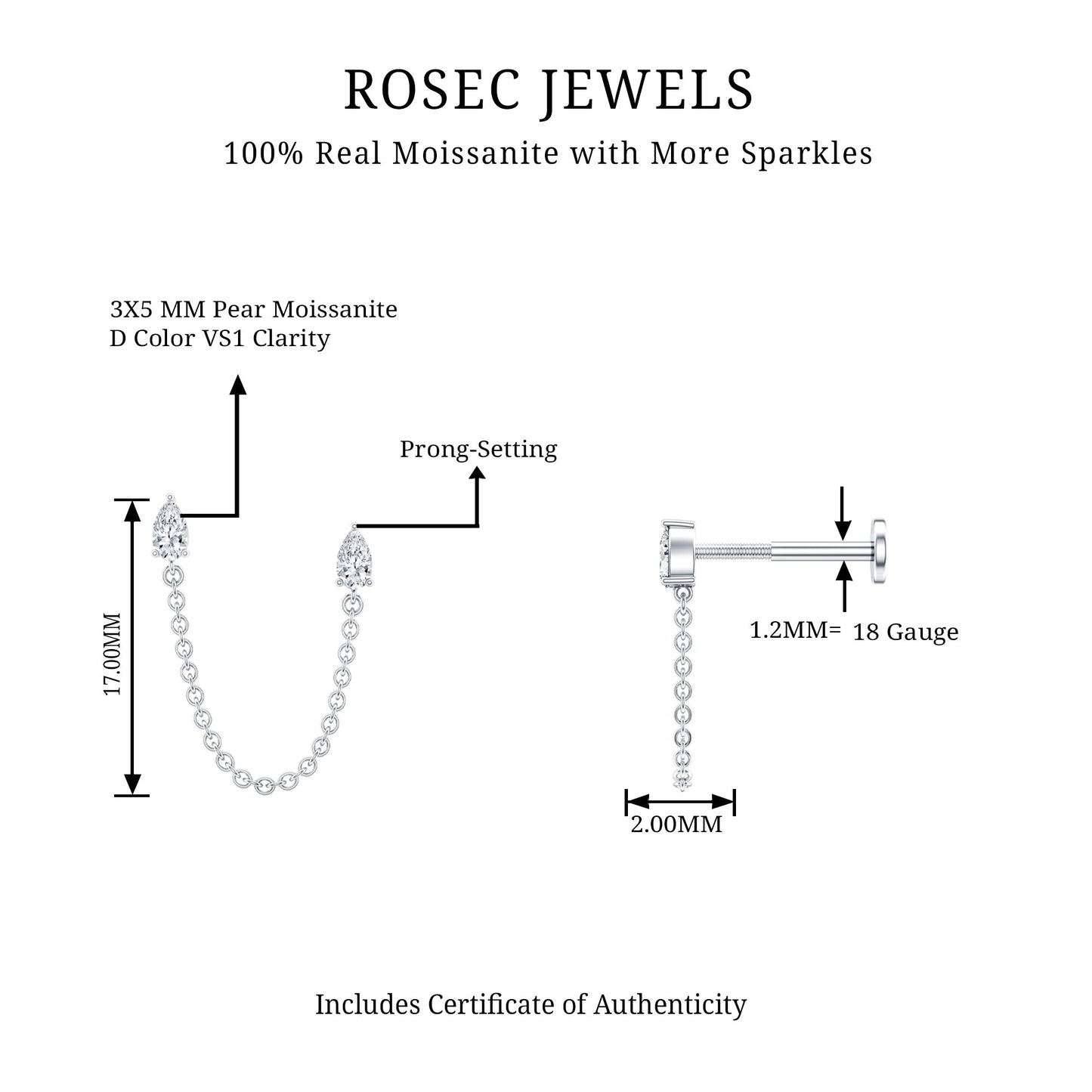 Pear Moissanite Double Piercing Earring with Dangling Chain