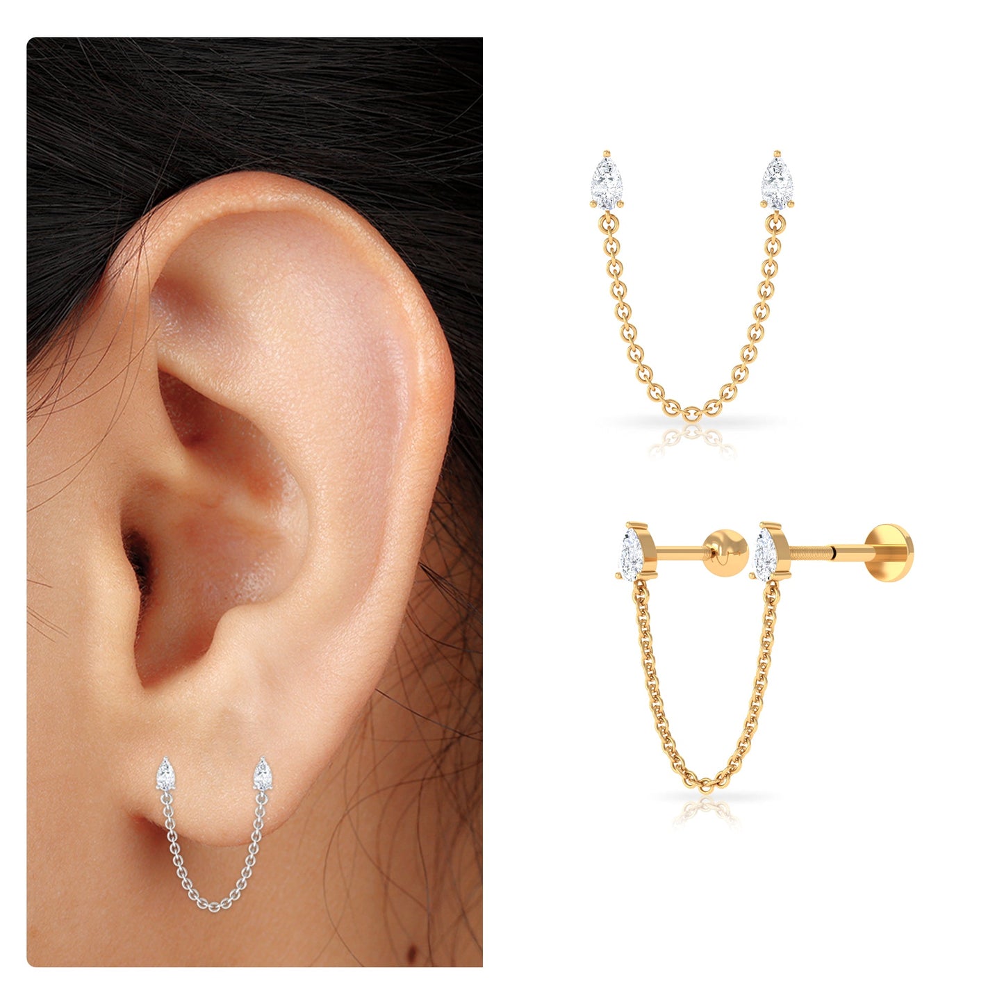 Pear Moissanite Double Piercing Earring with Dangling Chain