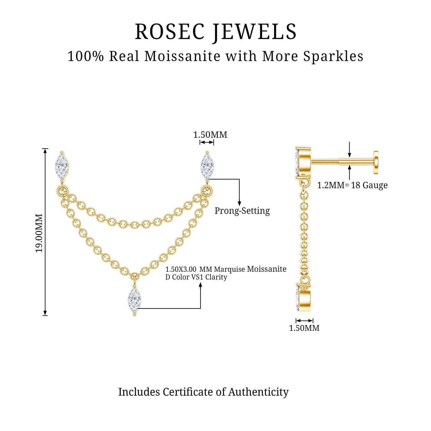Marquise Moissanite Double Chain Earring for Women