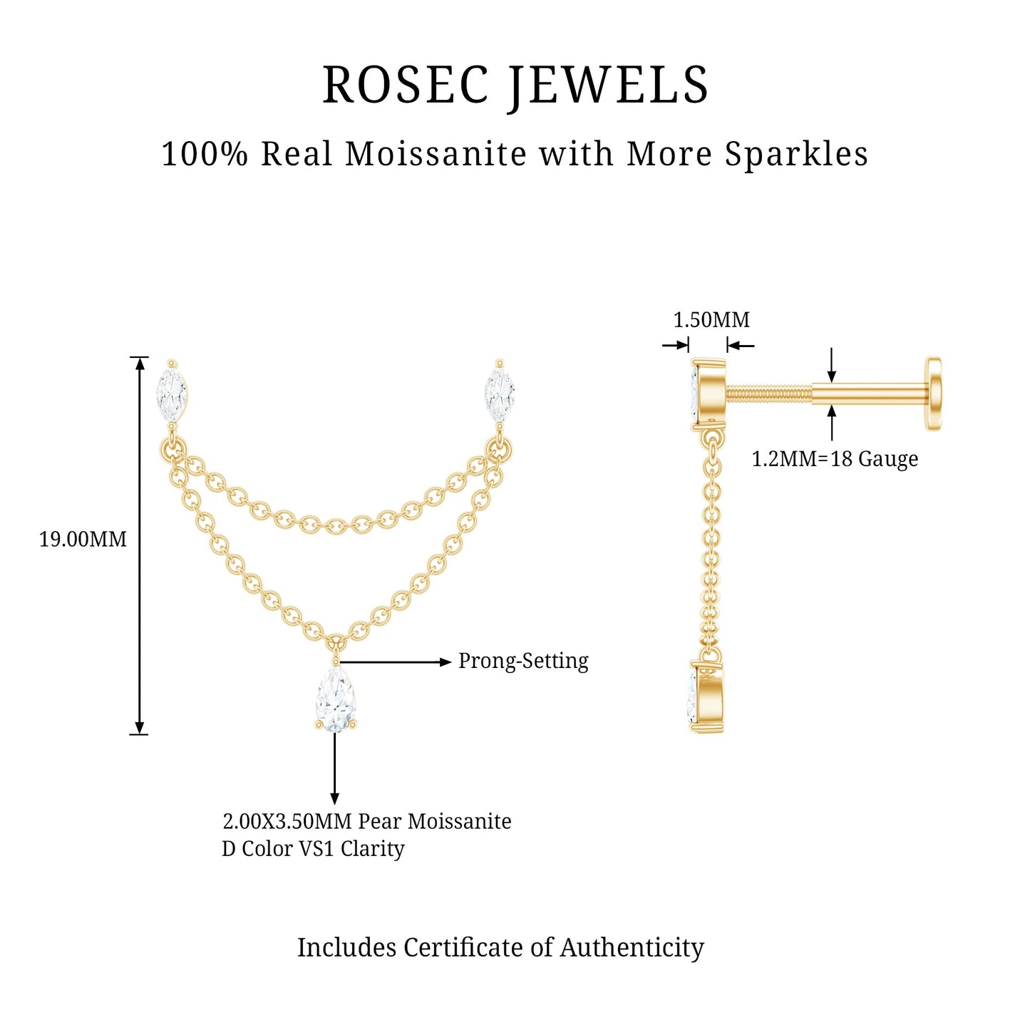 Moissanite Double Chain Earring for Helix Piercing