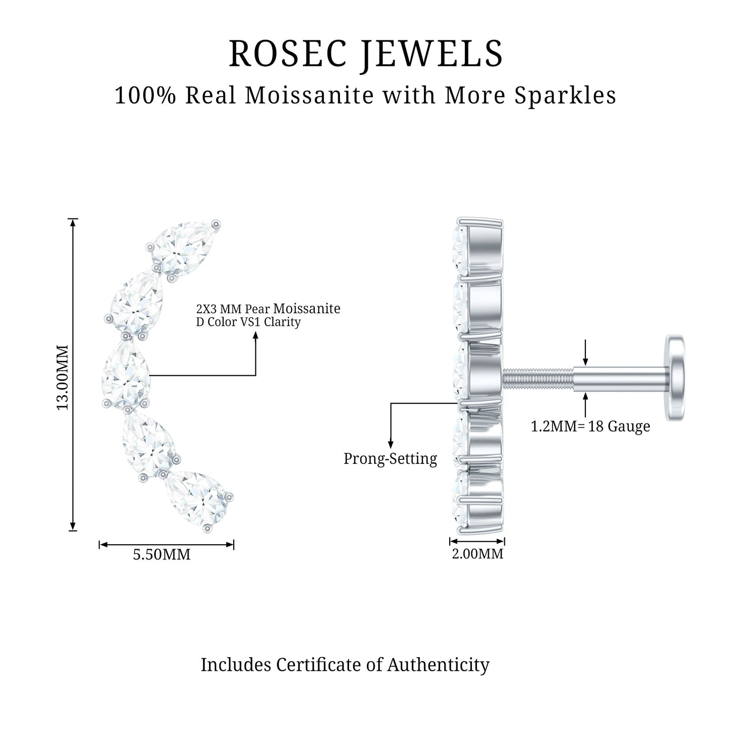 Certified Pear Cut Moissanite Ear Crawler Earring