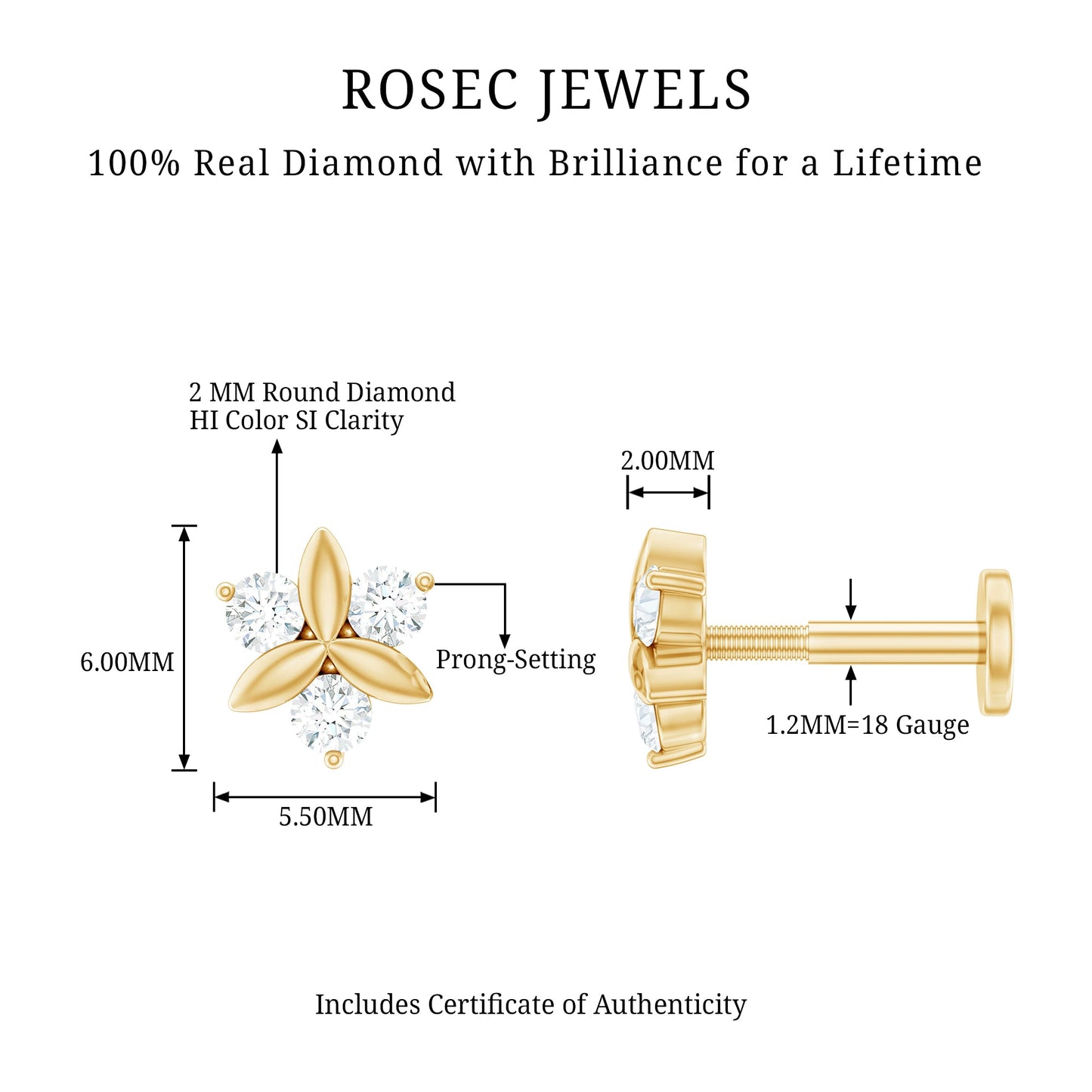 Brilliant Cut Diamond Floral Earring for Conch Piercing