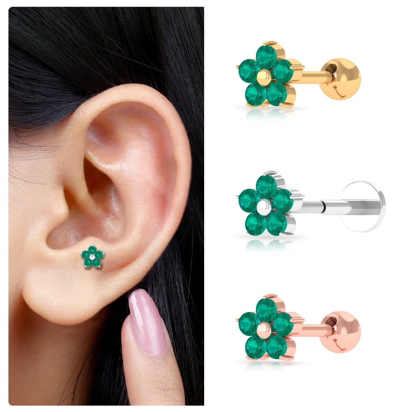Natural Green Emerald Flower Conch Earring