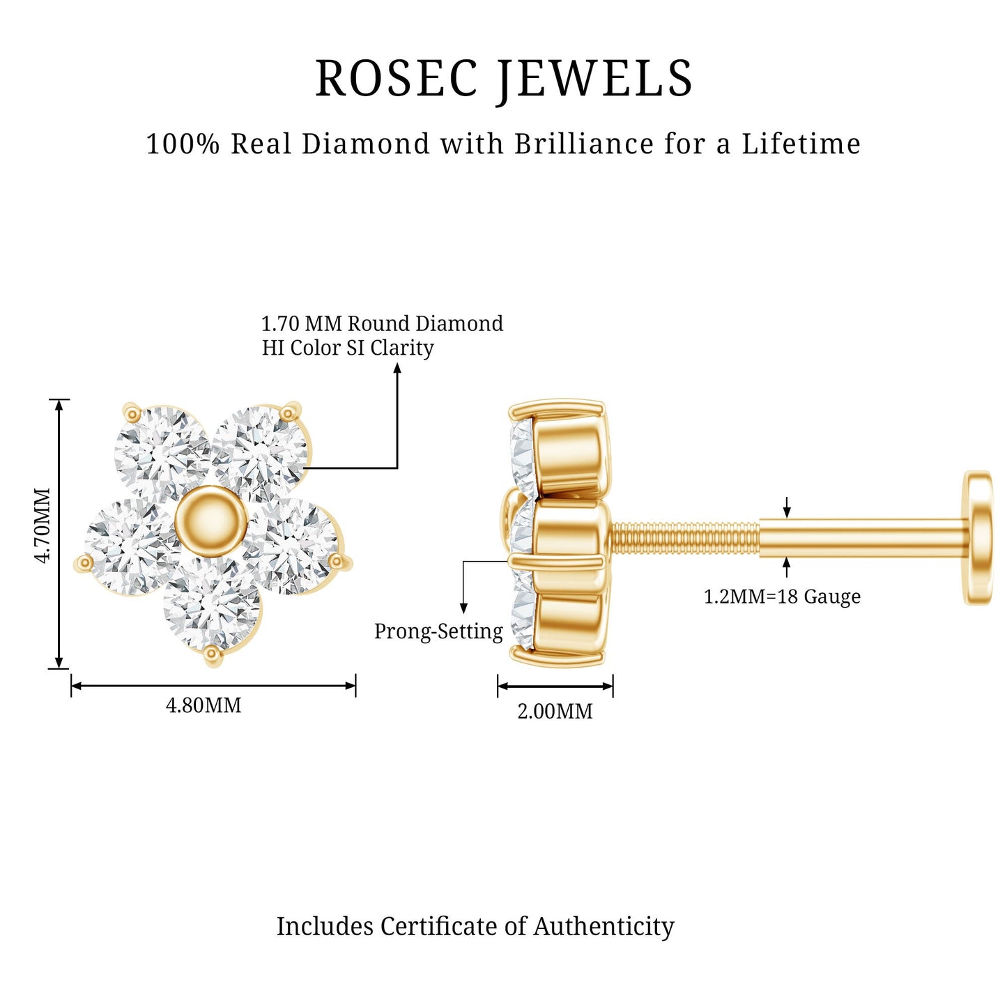 Minimalist Diamond Flower Tragus Earring with Flat Back