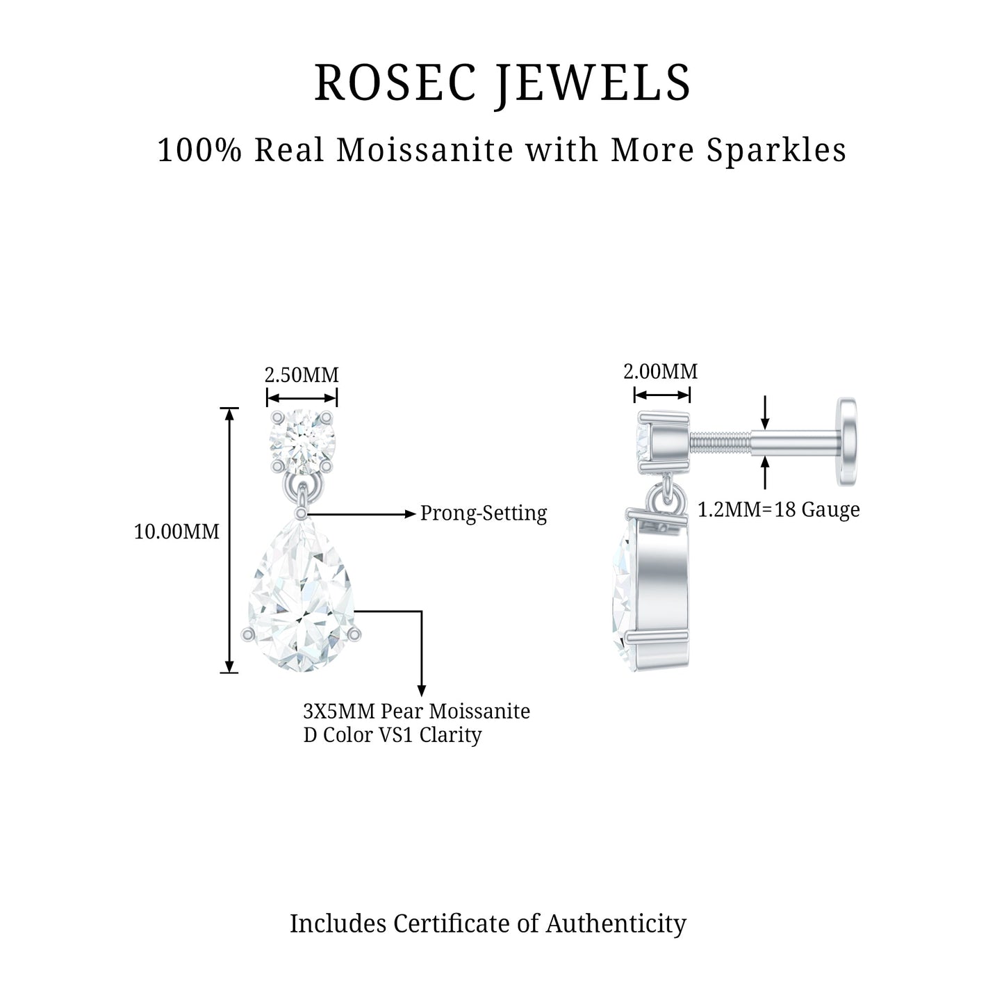 Moissanite Teardrop Earring for Helix Piercing