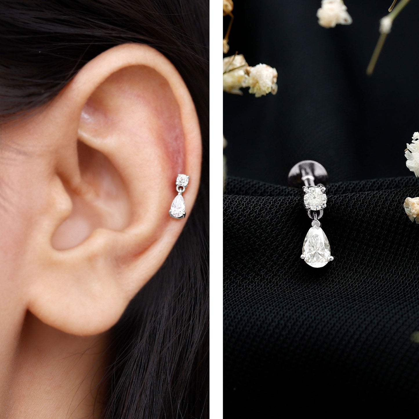 Moissanite Teardrop Earring for Helix Piercing