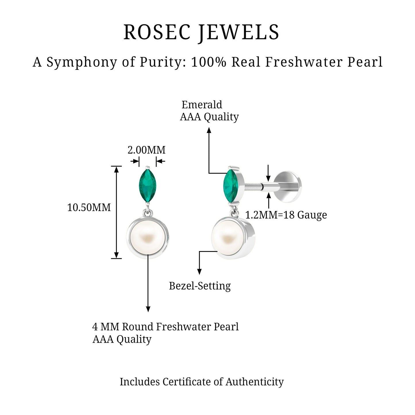 2 Carat Freshwater Pearl and Emerald Drop Earring for Helix Piercing