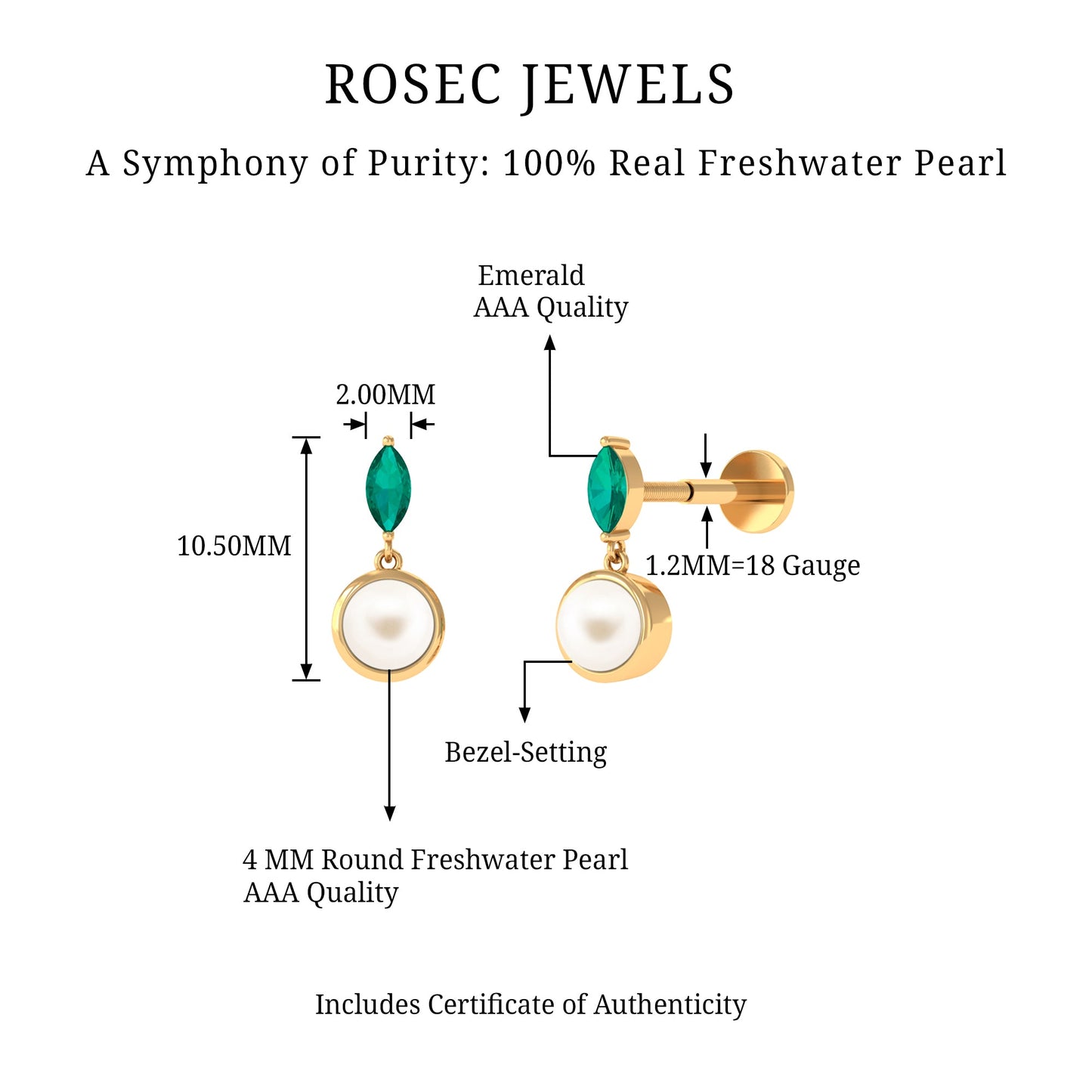 2 Carat Freshwater Pearl and Emerald Drop Earring for Helix Piercing