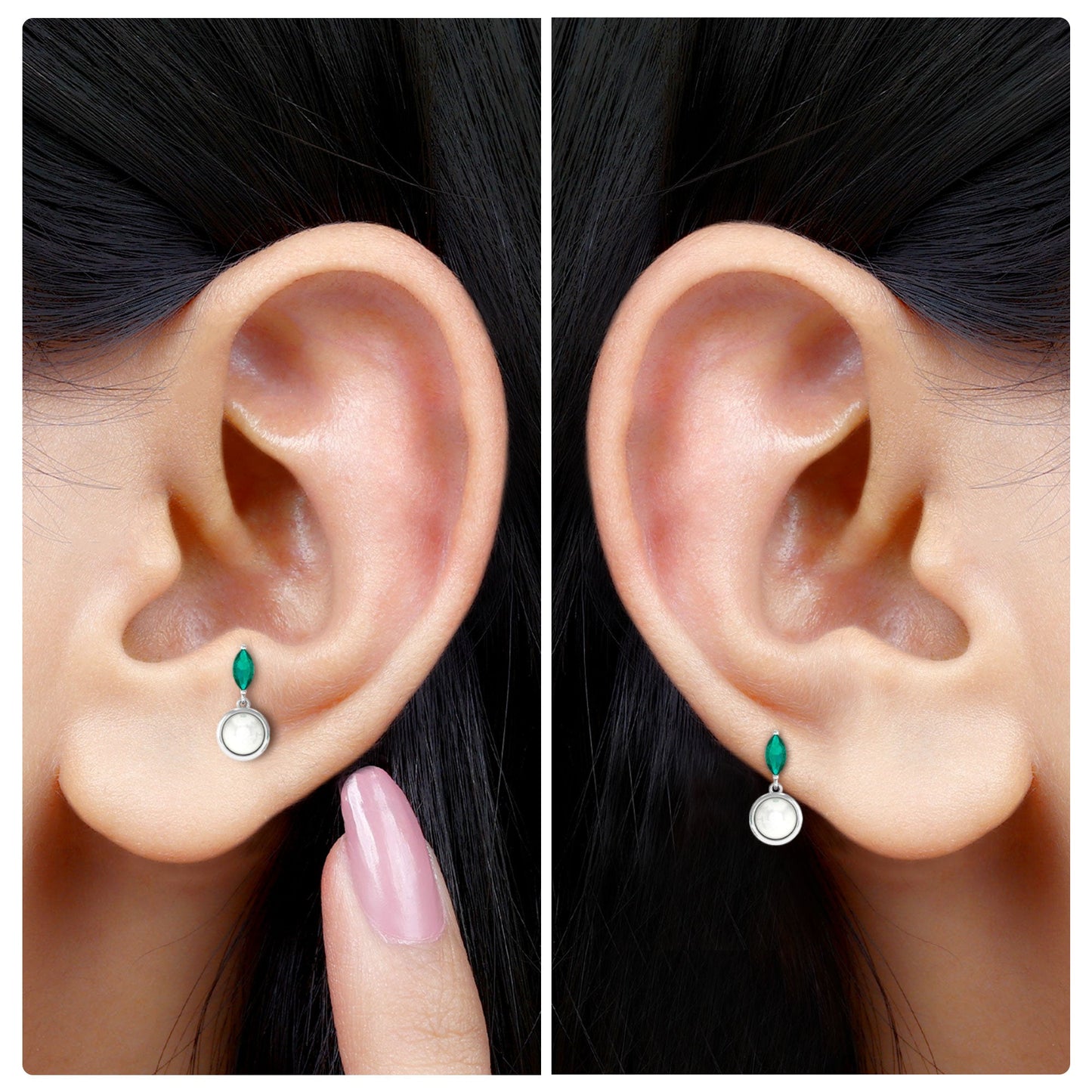 2 Carat Freshwater Pearl and Emerald Drop Earring for Helix Piercing