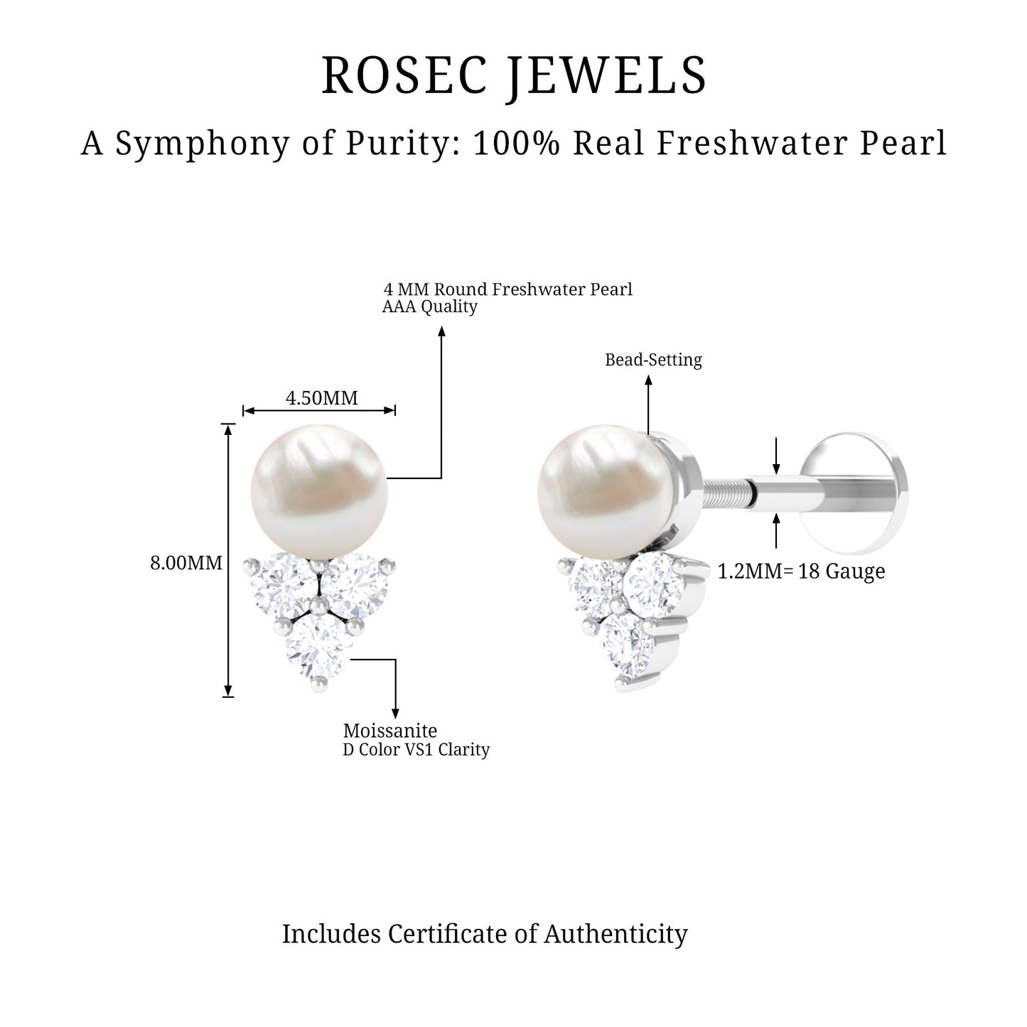2 Carat Freshwater Pearl and Diamond Tragus Earring