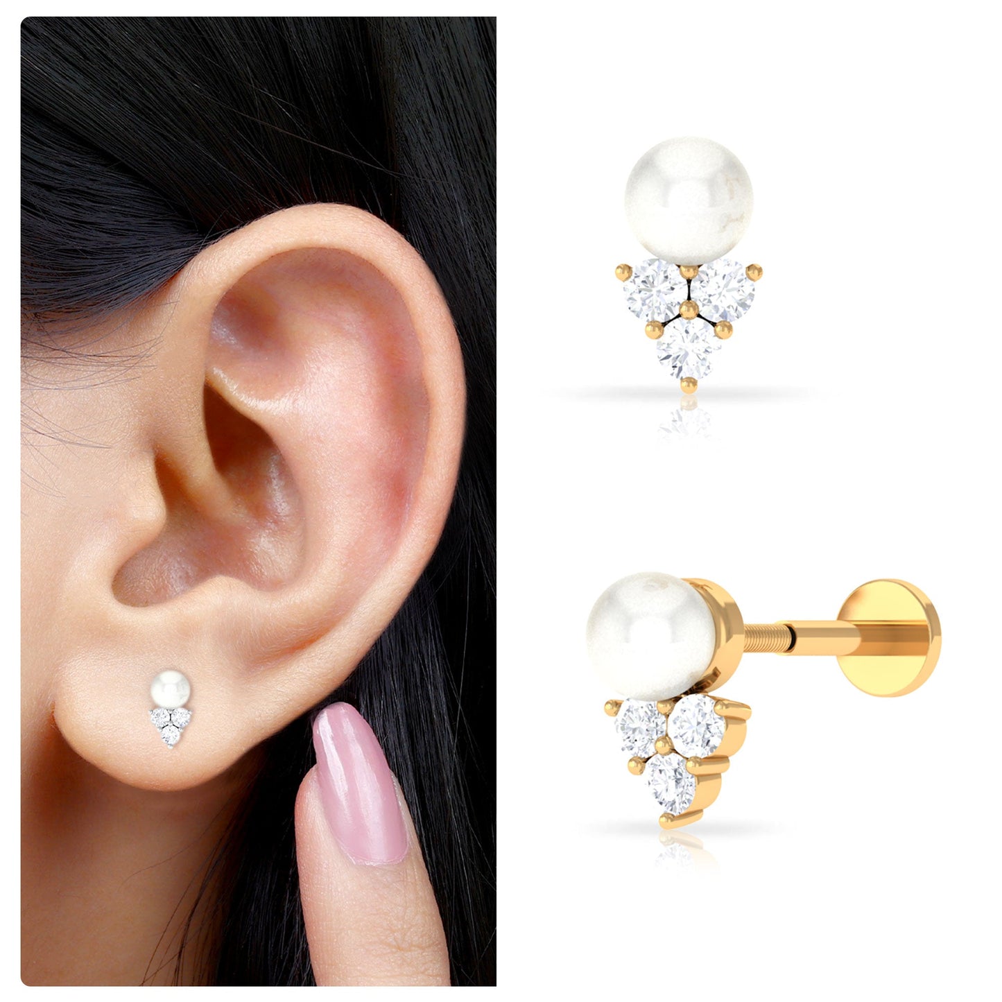 2 Carat Freshwater Pearl and Diamond Tragus Earring