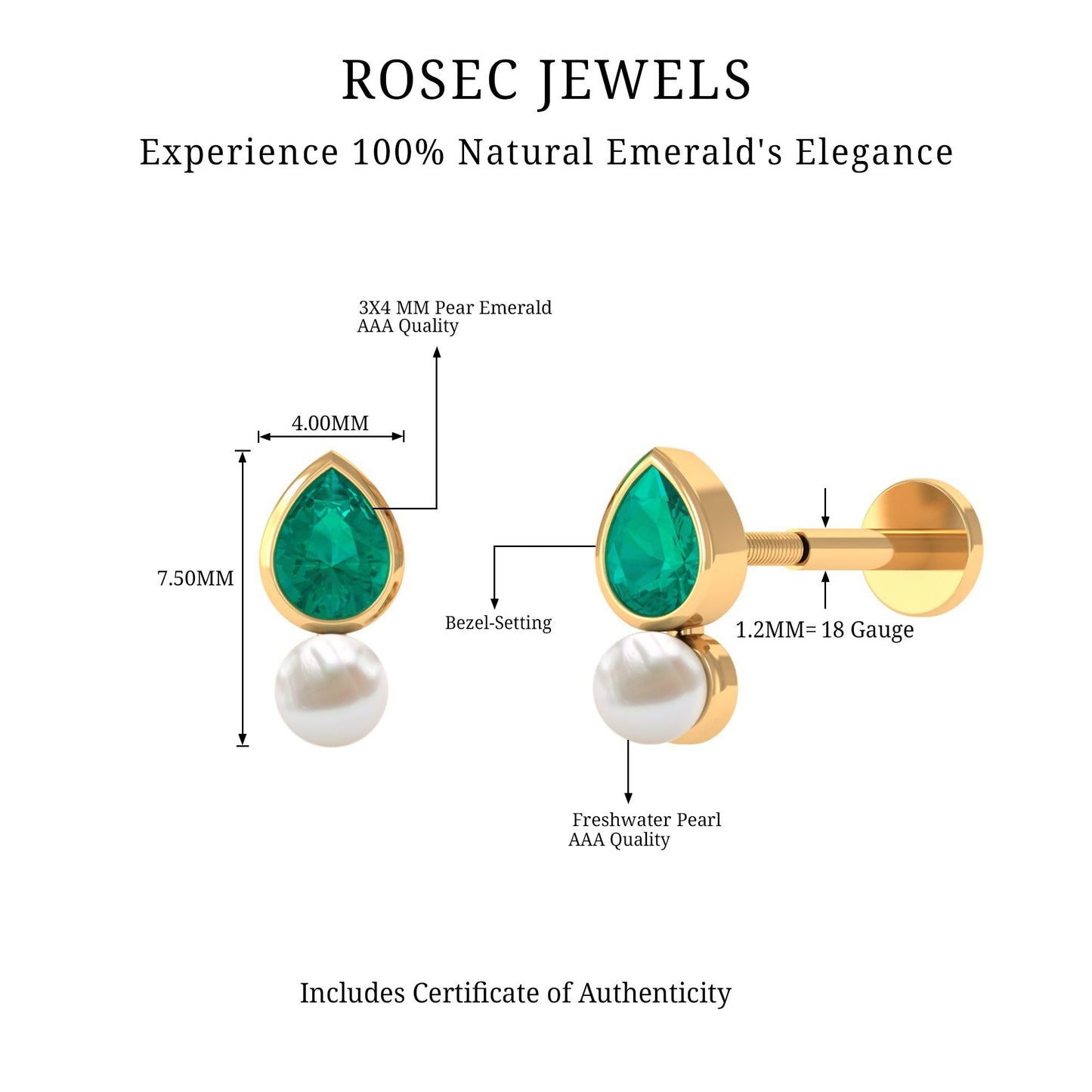 Pear Cut Green Emerald and Freshwater Pearl Tragus Earring