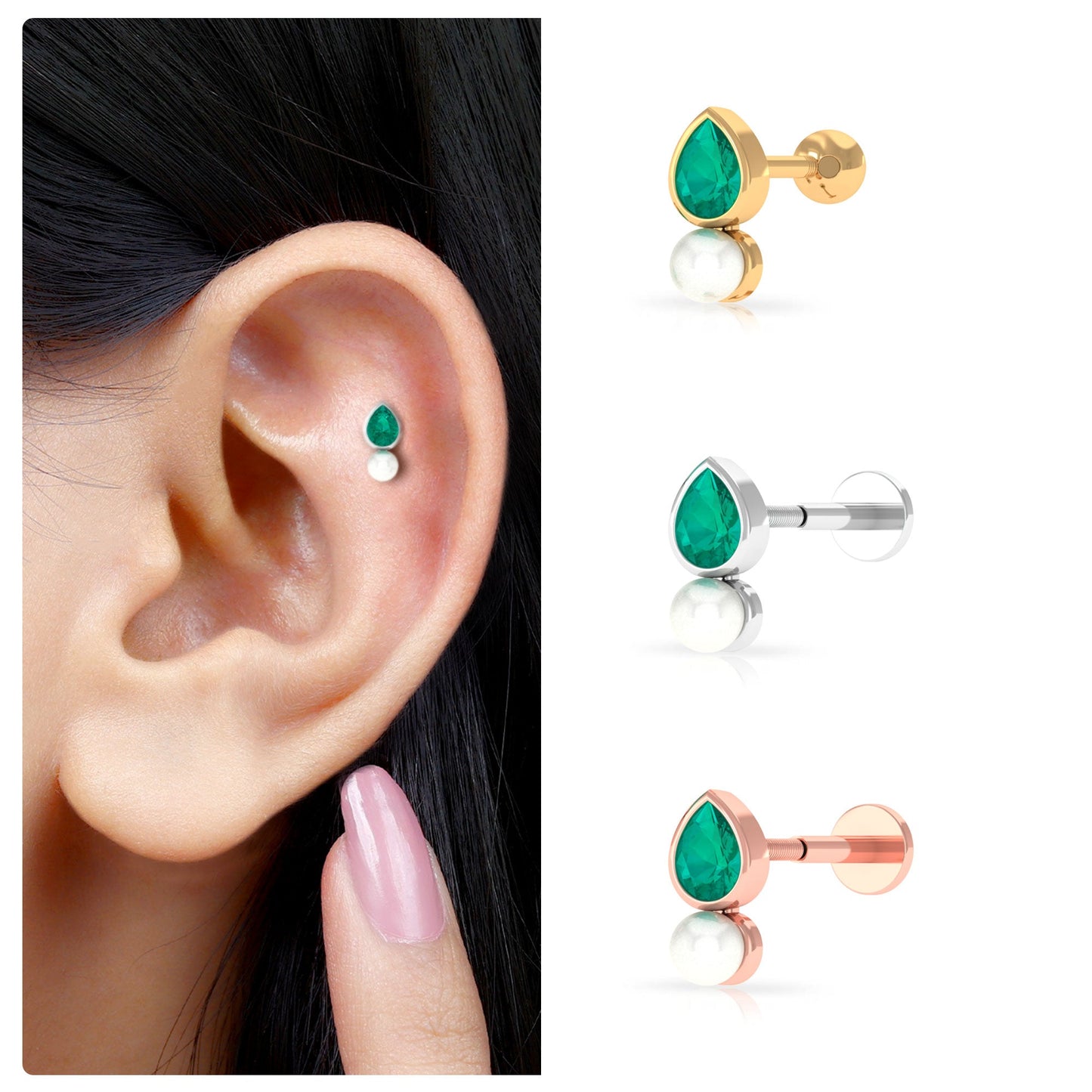 Pear Cut Green Emerald and Freshwater Pearl Tragus Earring