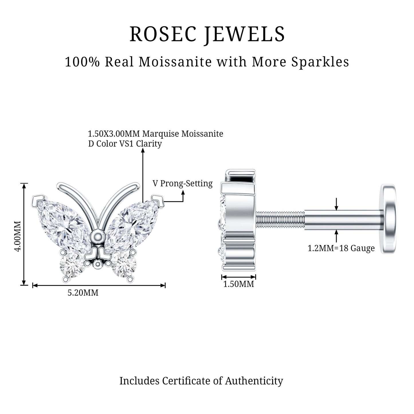 Marquise Moissanite Butterfly Cartilage Earring