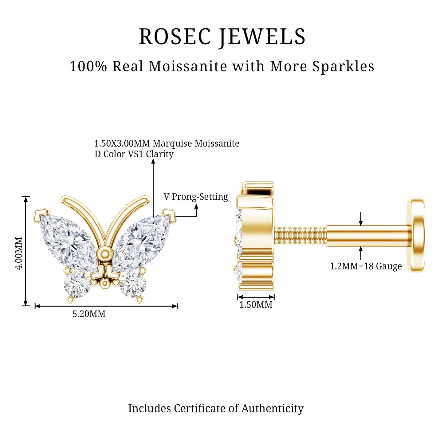 Marquise Moissanite Butterfly Cartilage Earring