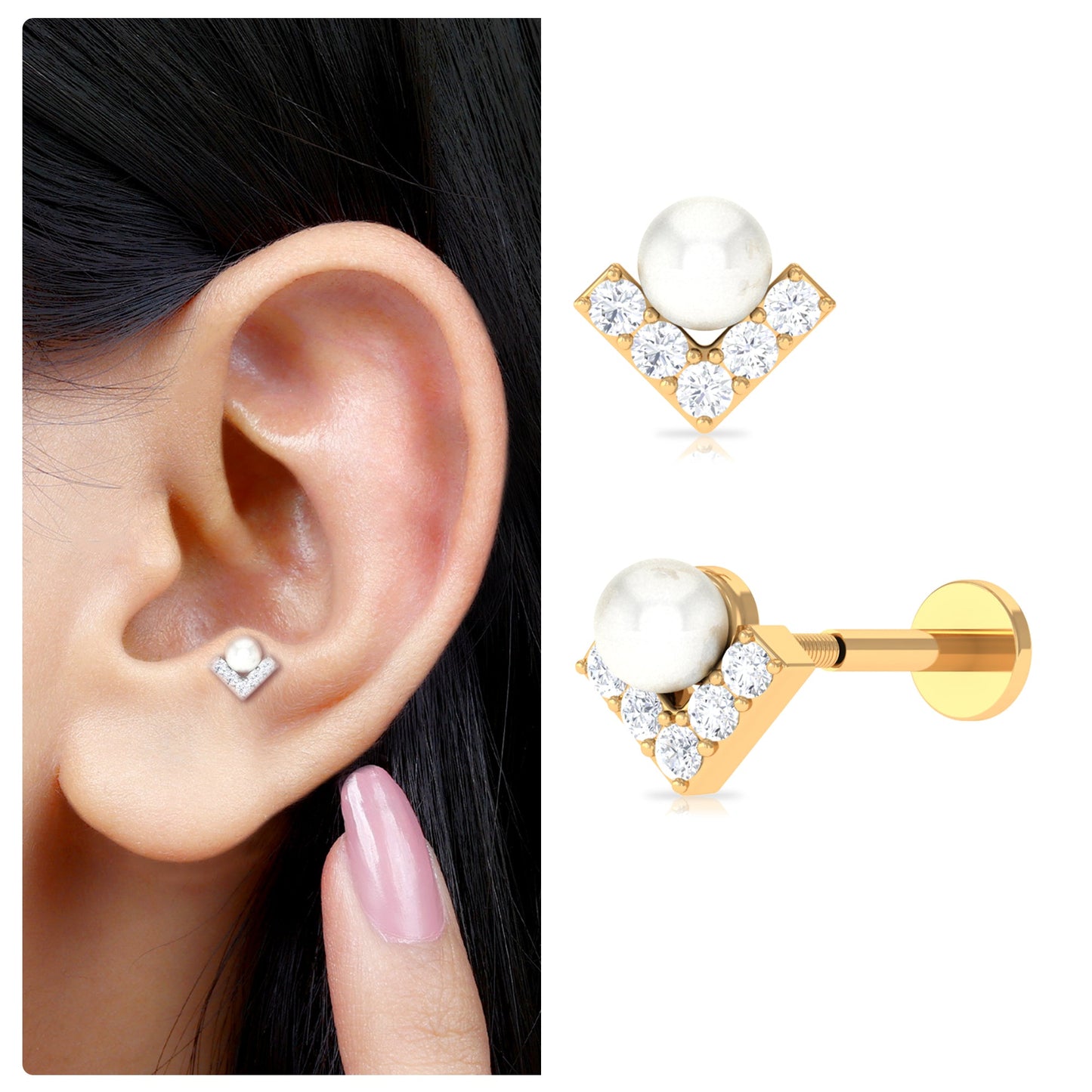 Unique Freshwater Pearl Tragus Earring with Diamond