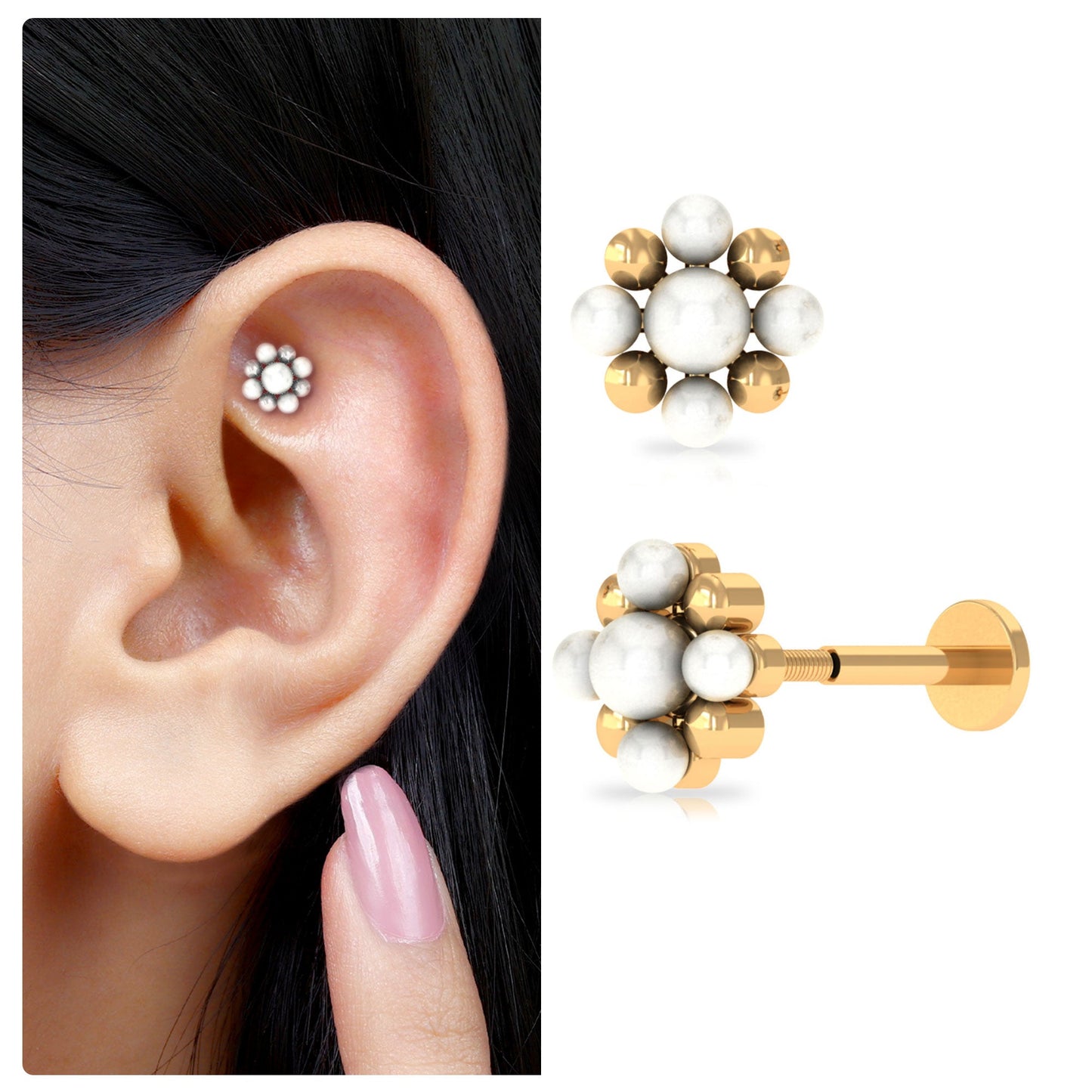 Real Freshwater Pearl and Beaded Flower Cartilage Earring