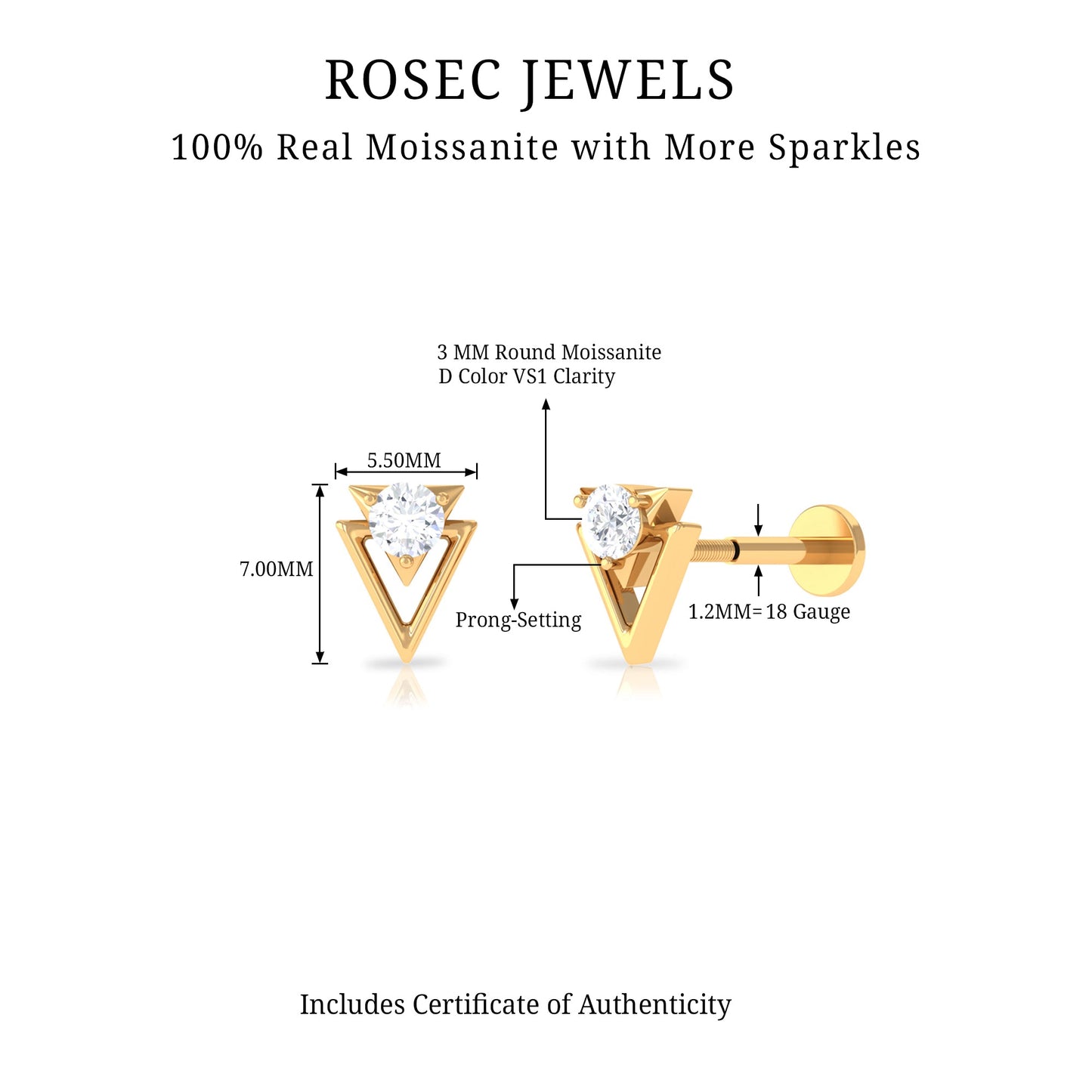 Certified Moissanite Triangle Tragus Earring