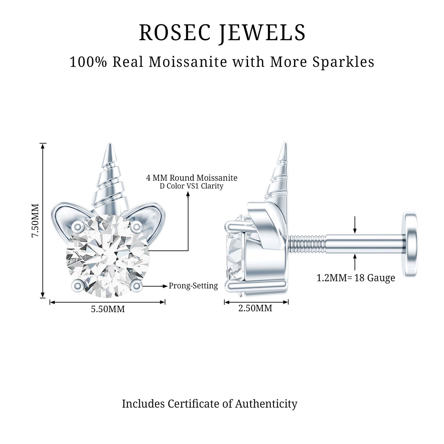 Cute Moissanite Unicorn Helix Earring for Women