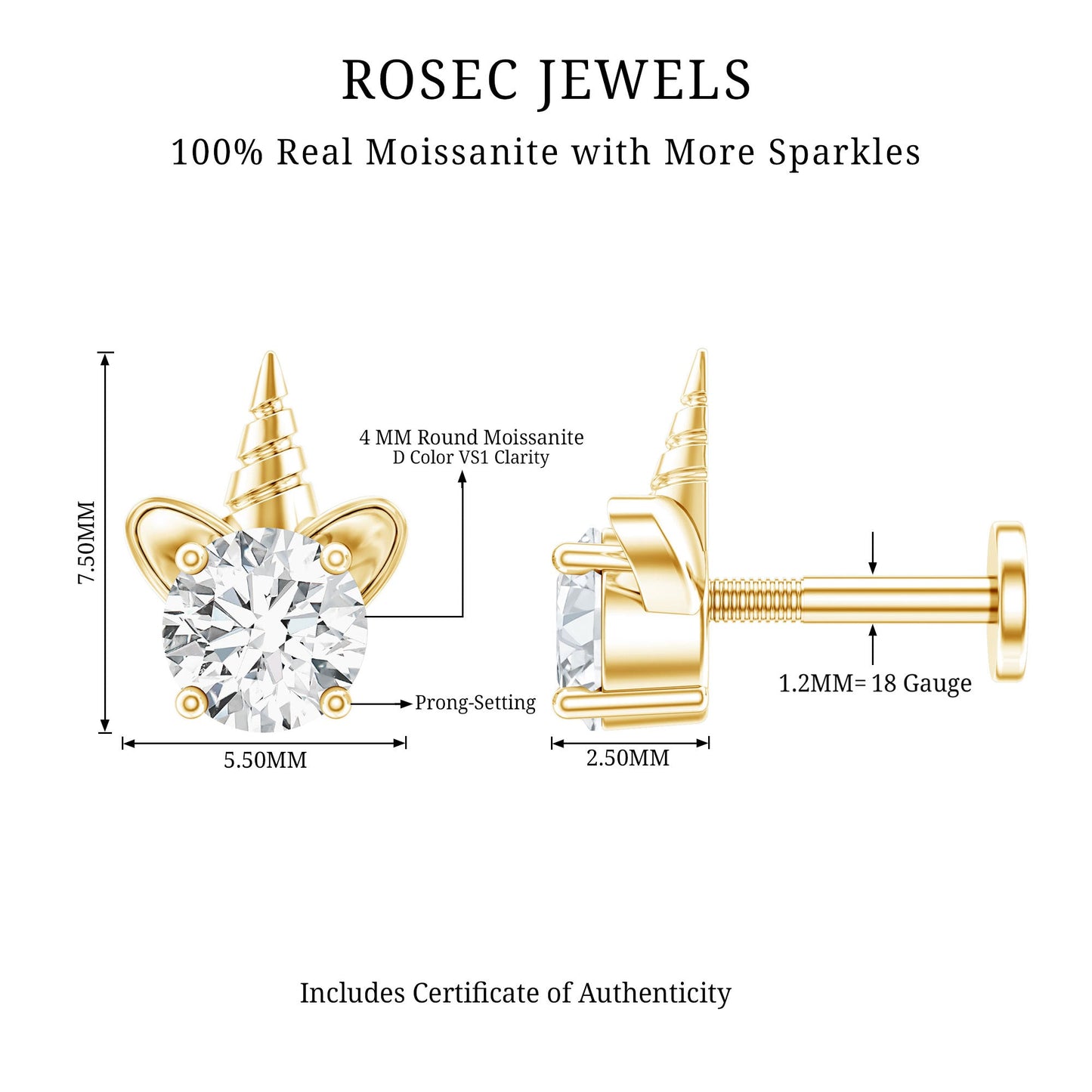 Cute Moissanite Unicorn Helix Earring for Women