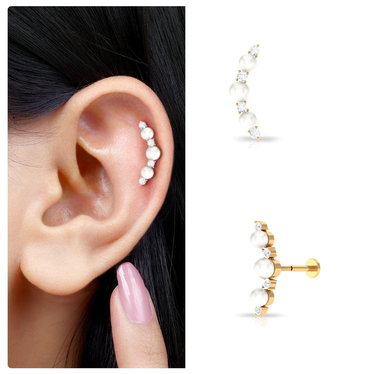 Simple Freshwater Pearl and Moissanite Climber Earring