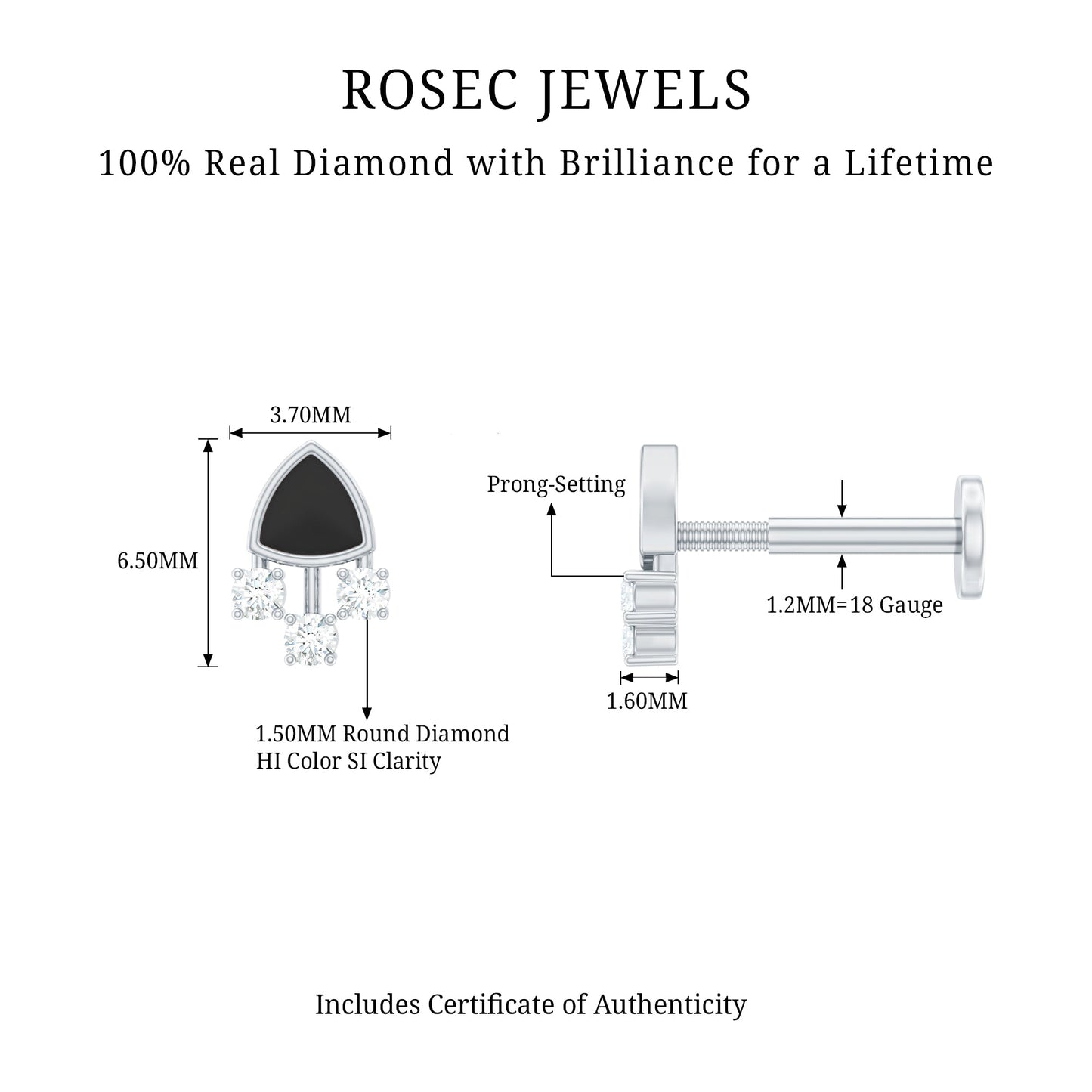 Genuine Diamond and Black Enamel Unique Tragus Earring