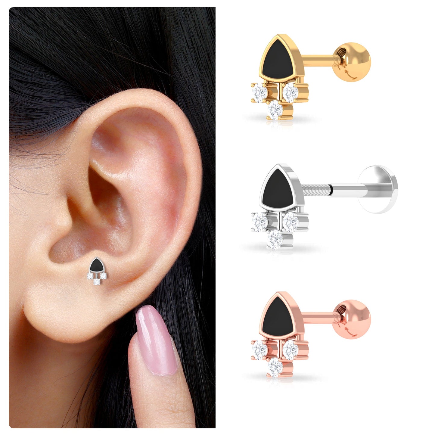 Genuine Diamond and Black Enamel Unique Tragus Earring