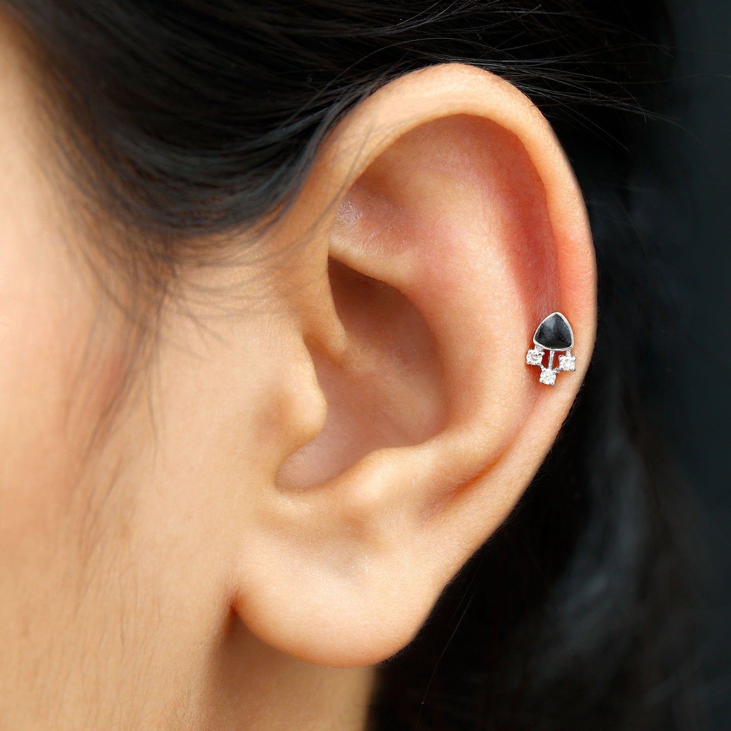 Genuine Diamond and Black Enamel Unique Tragus Earring