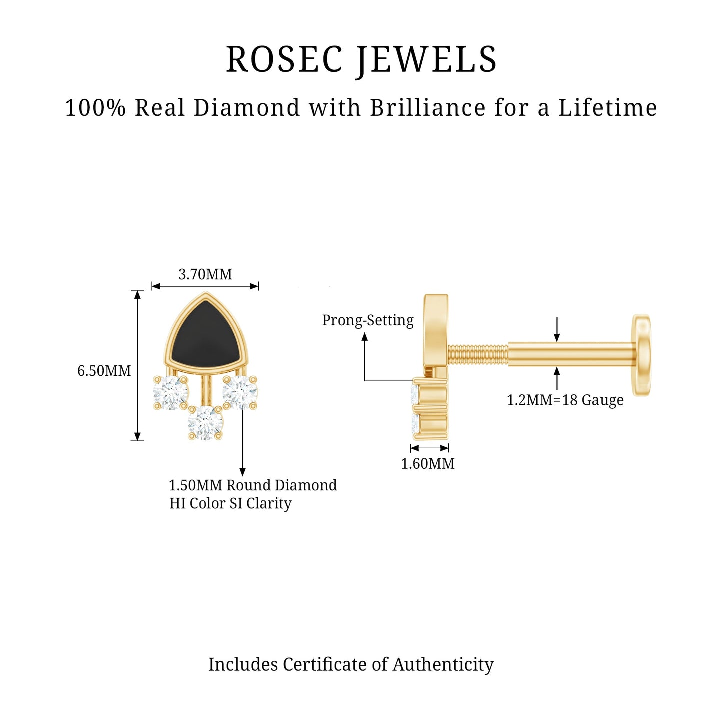 Genuine Diamond and Black Enamel Unique Tragus Earring
