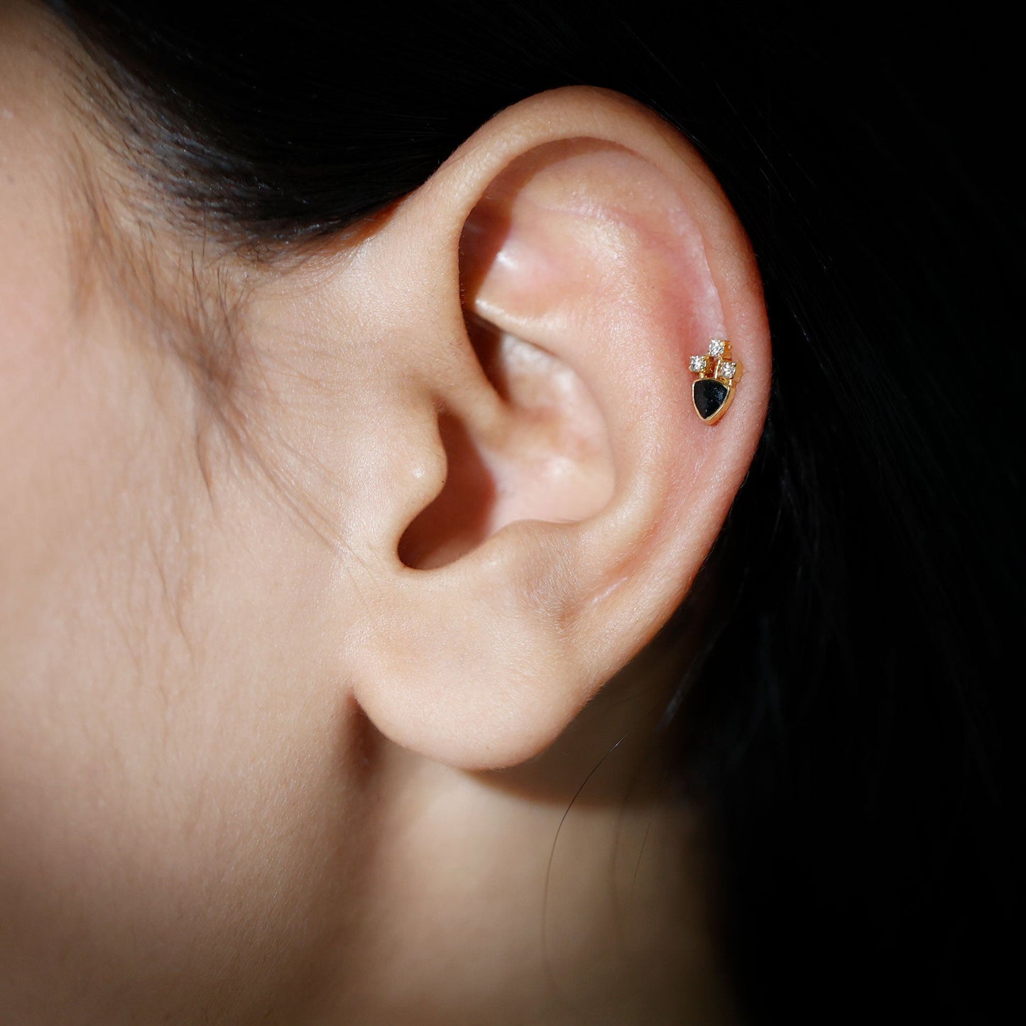 Genuine Diamond and Black Enamel Unique Tragus Earring