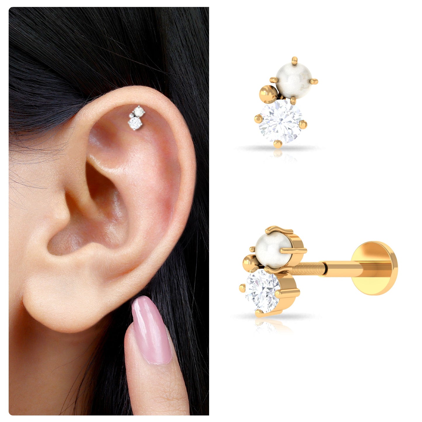 Tiny Freshwater Pearl and Diamond Two Stone Tragus Earring