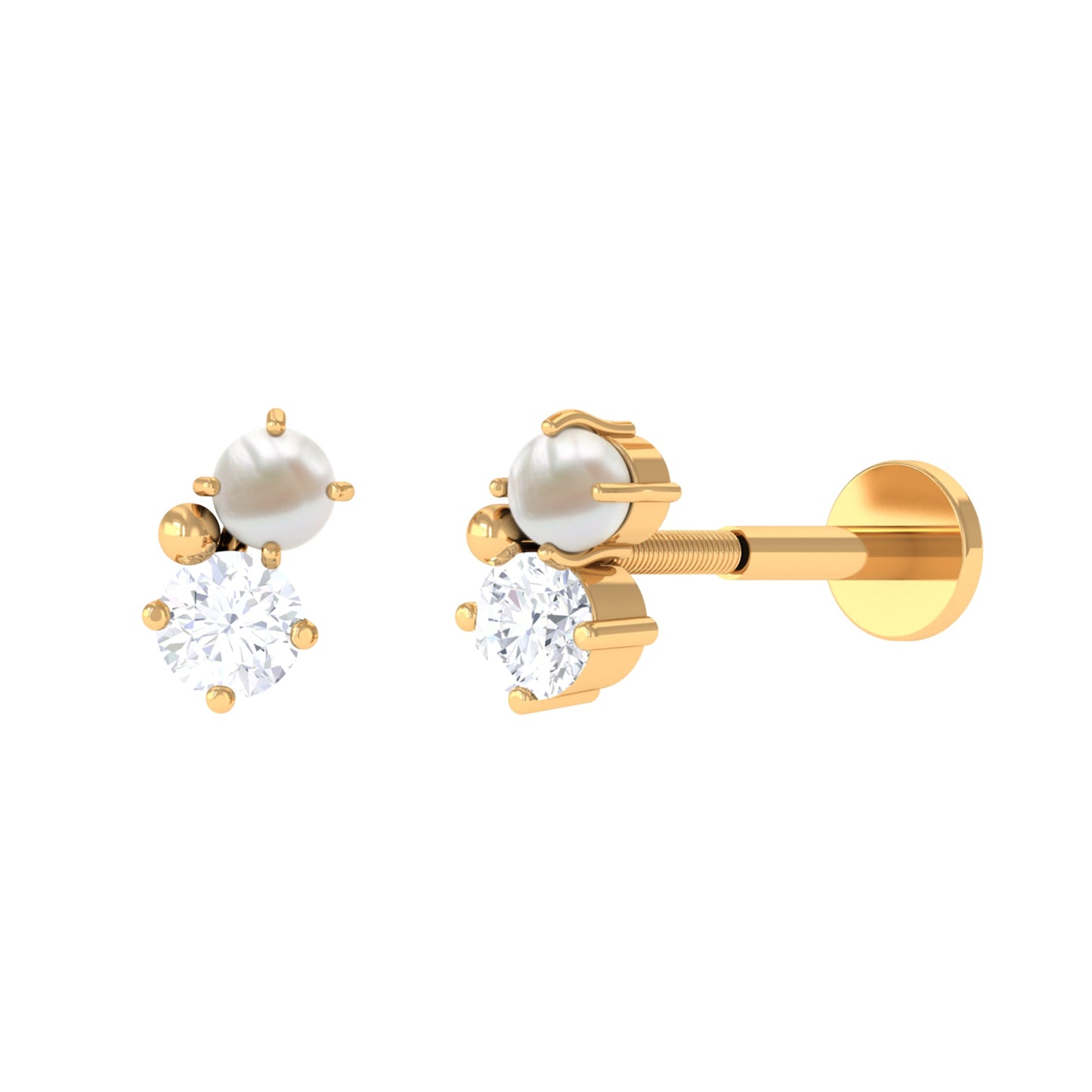 Tiny Freshwater Pearl and Diamond Two Stone Tragus Earring