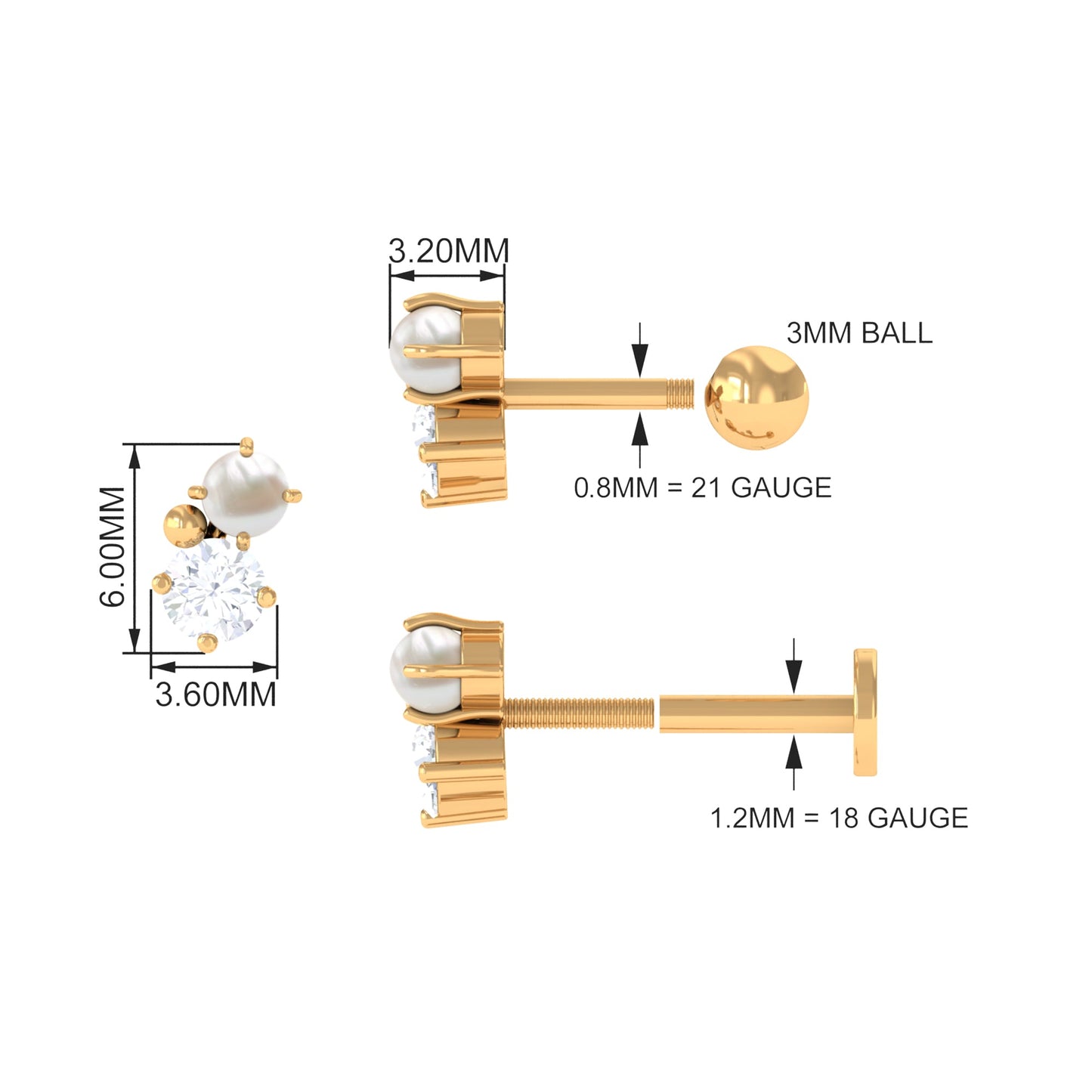 Tiny Freshwater Pearl and Diamond Two Stone Tragus Earring