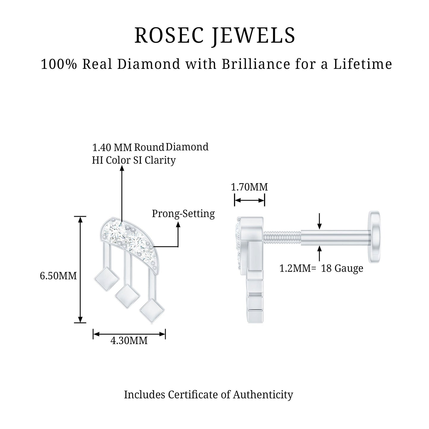 Real Diamond Music Note Earring for Cartilage Piercing